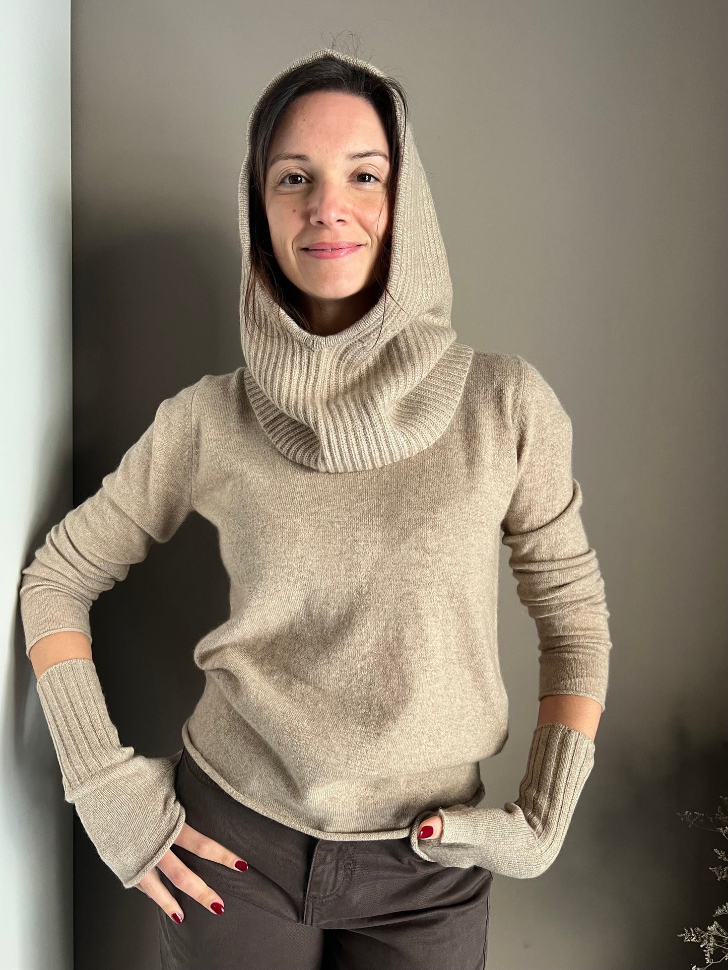 Guanto senza dita in cashmere beige