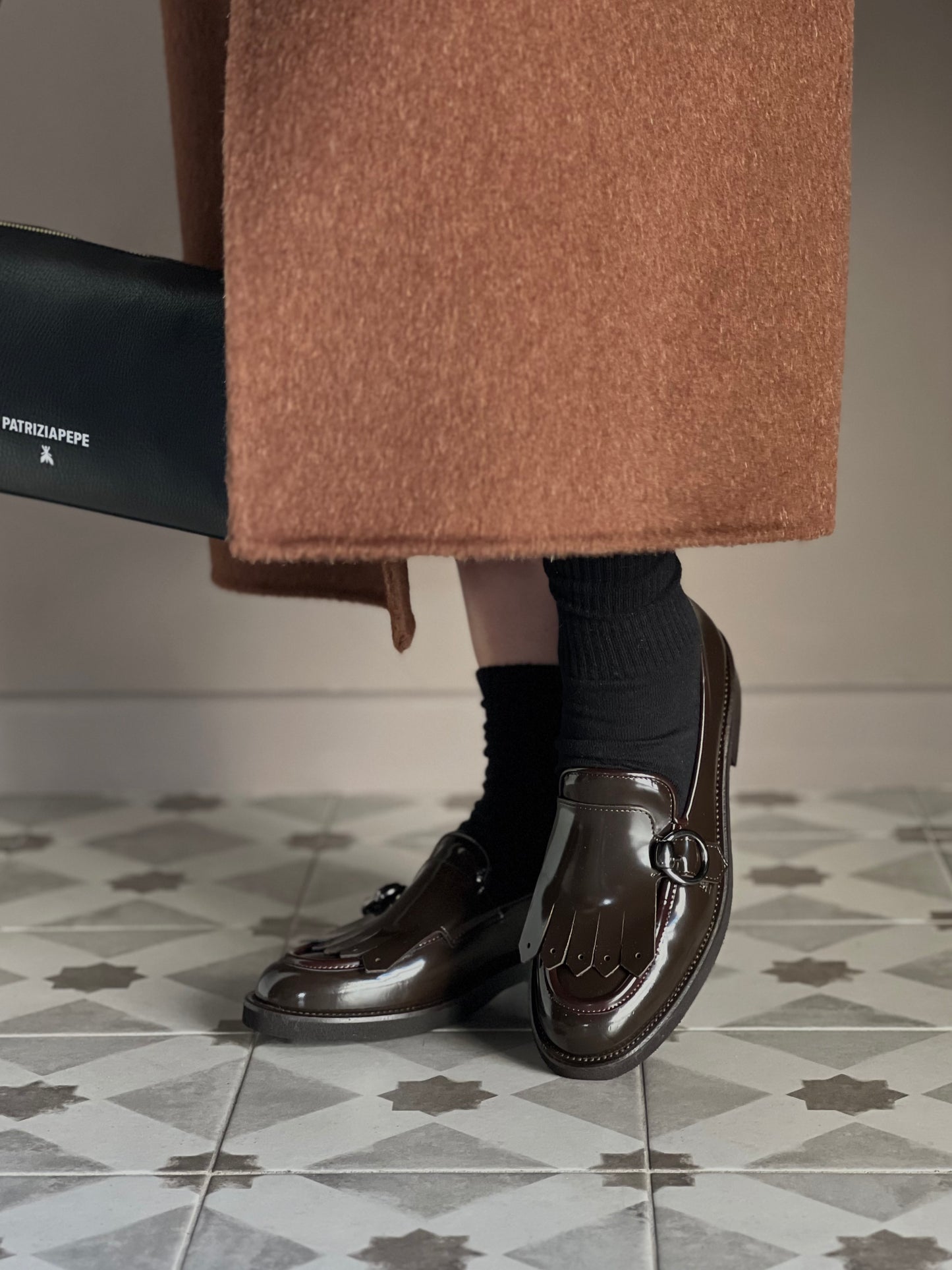 Mocassino in pelle con frangia Cioccolato