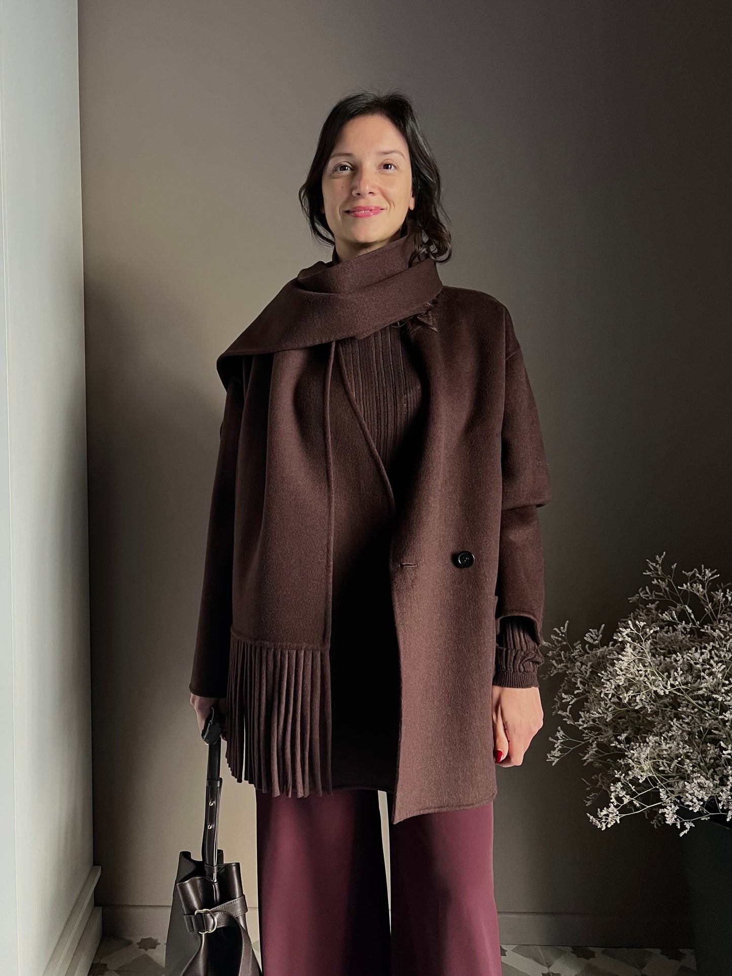 Cappotto in pura lana oversize con sciarpa abbinata