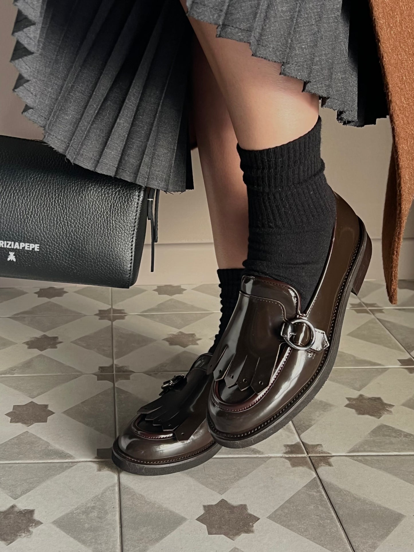 Mocassino in pelle con frangia Cioccolato