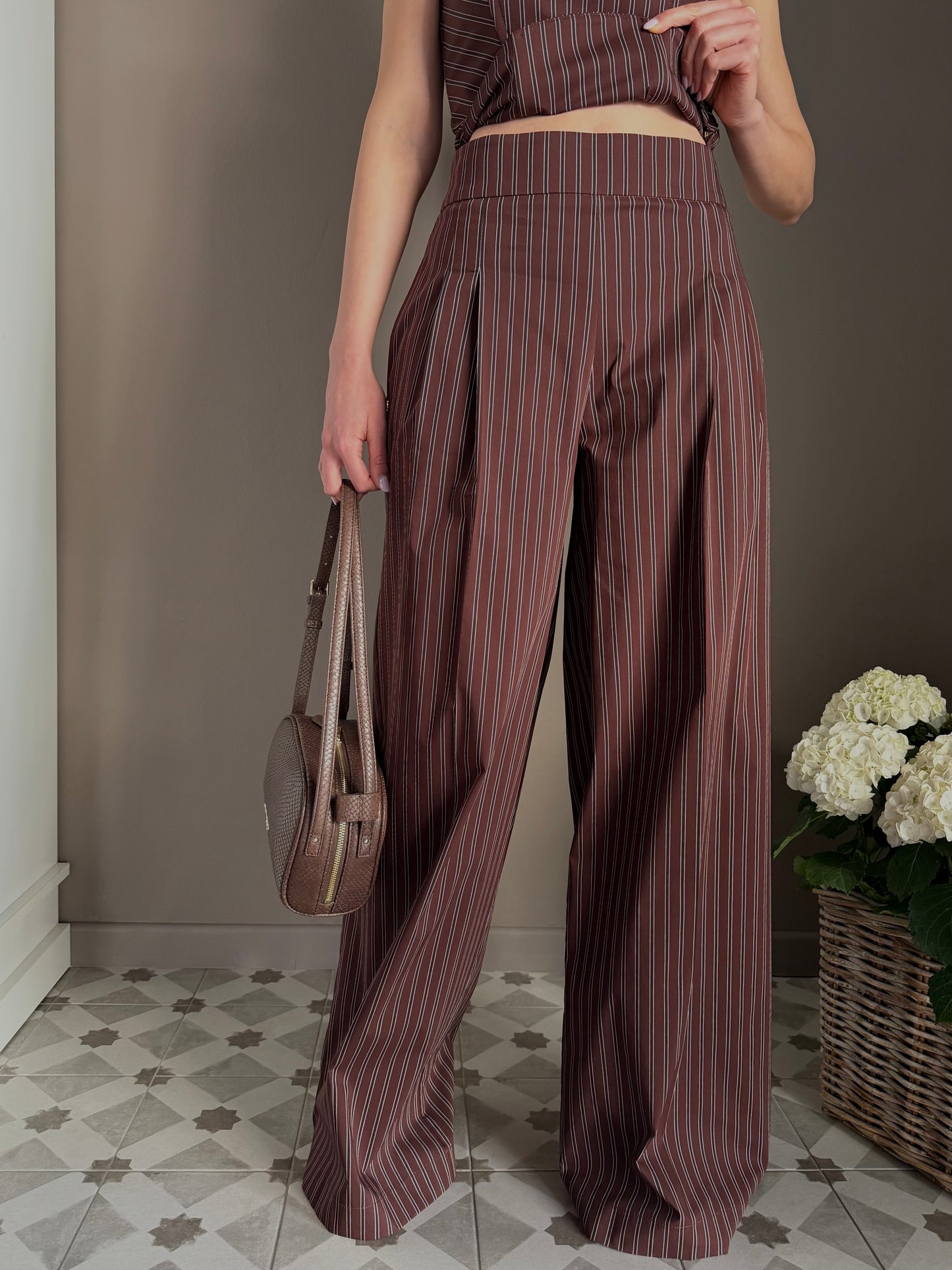 Pantalone gessato in cotone wide-leg