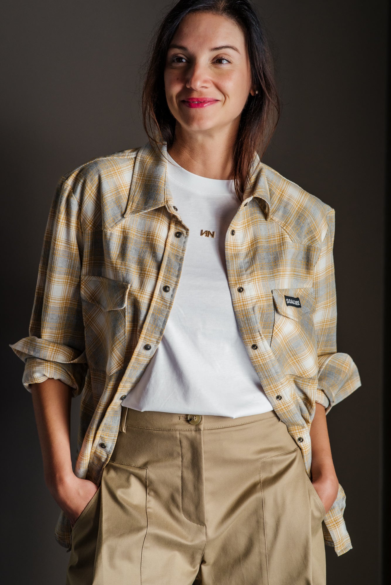 Camicia in flanella So Allure senape grigio