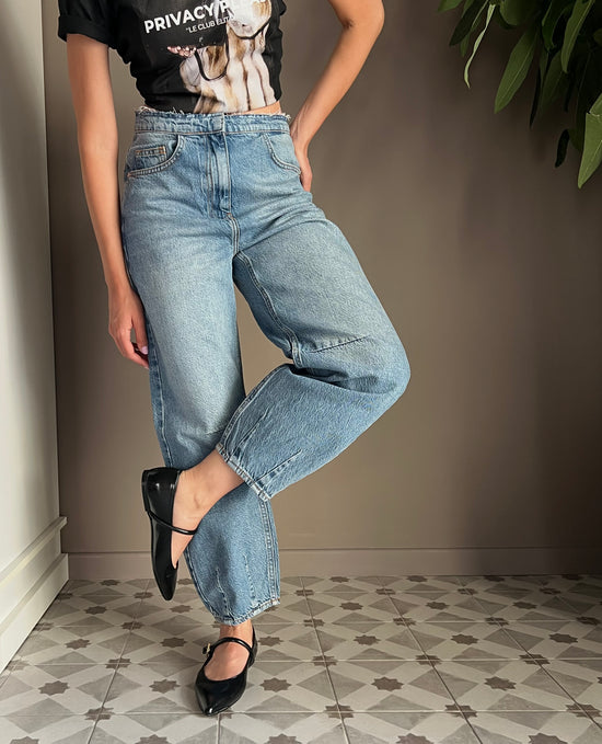 Pantalone denim vita bassa a baloon