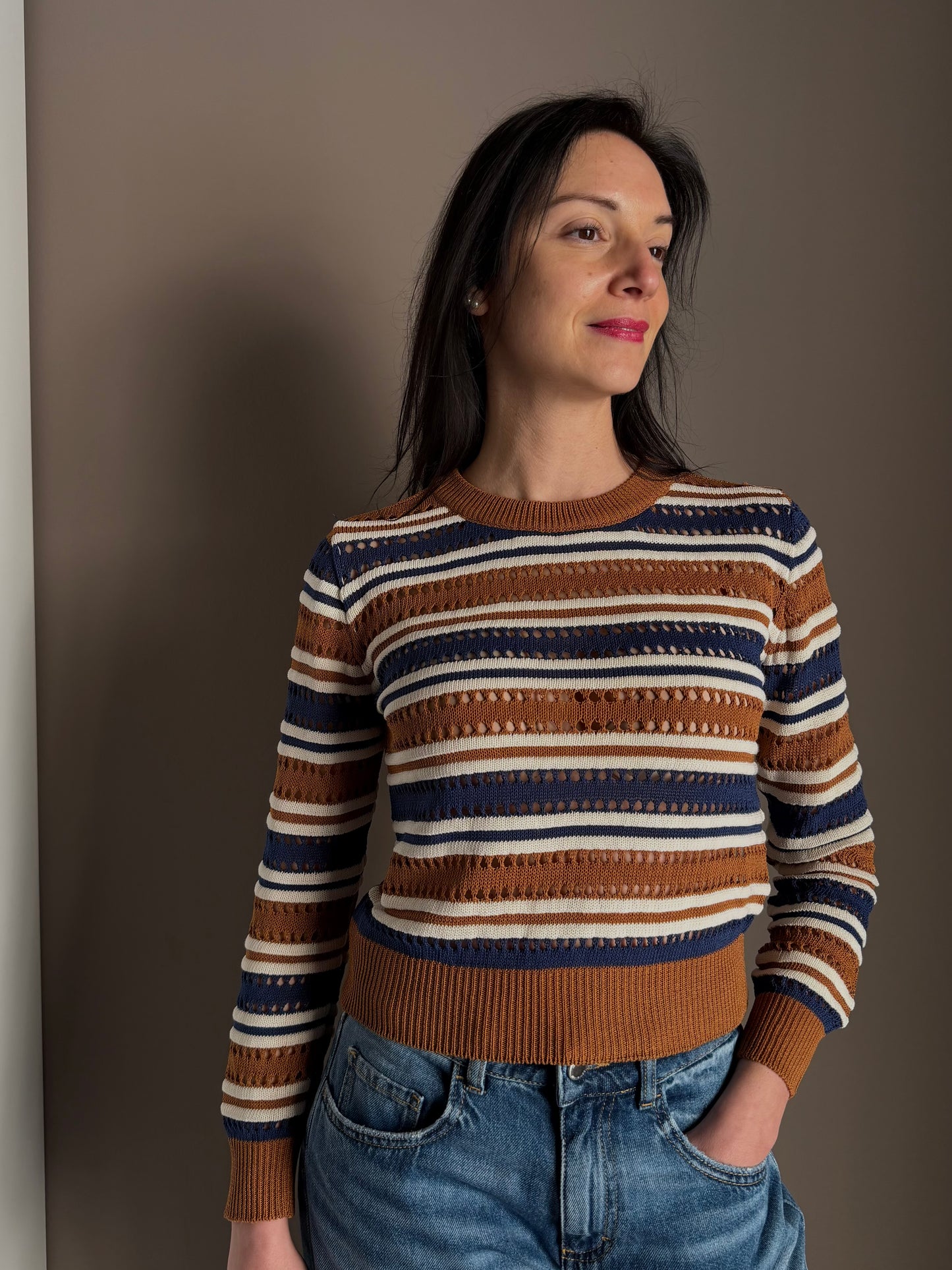 Maglia girocollo a righe misti cotone