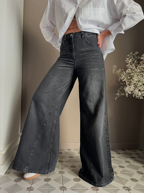 Pantalone denim vita alta gamba larga nero