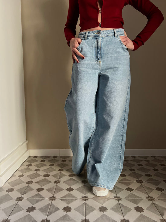 Pantalone jeans vita bassa gamba larga