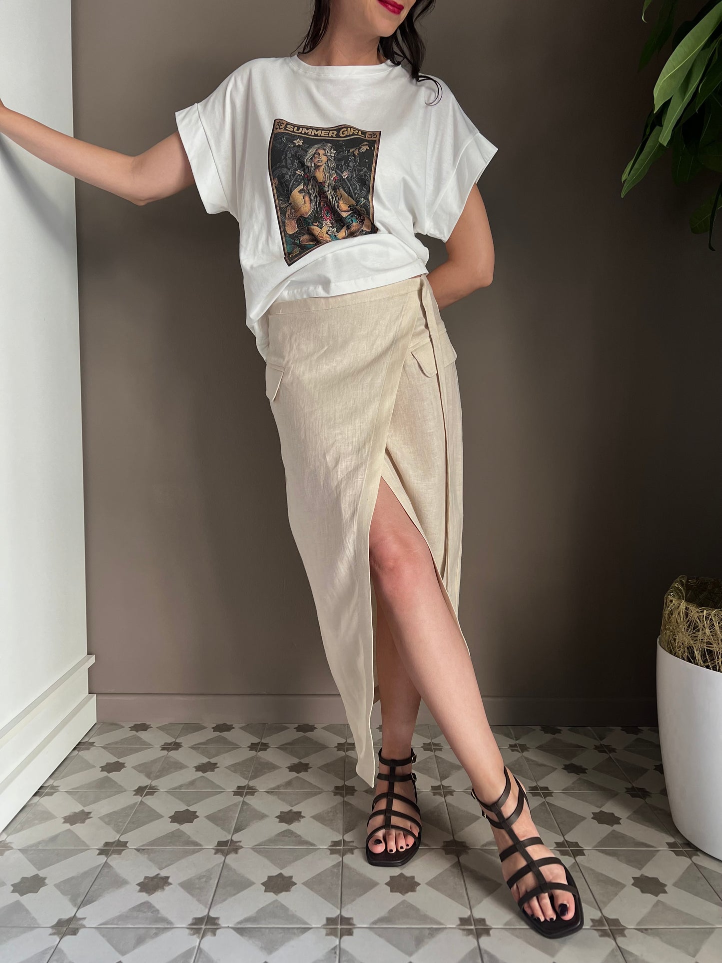 Gonna in lino Midi Beige