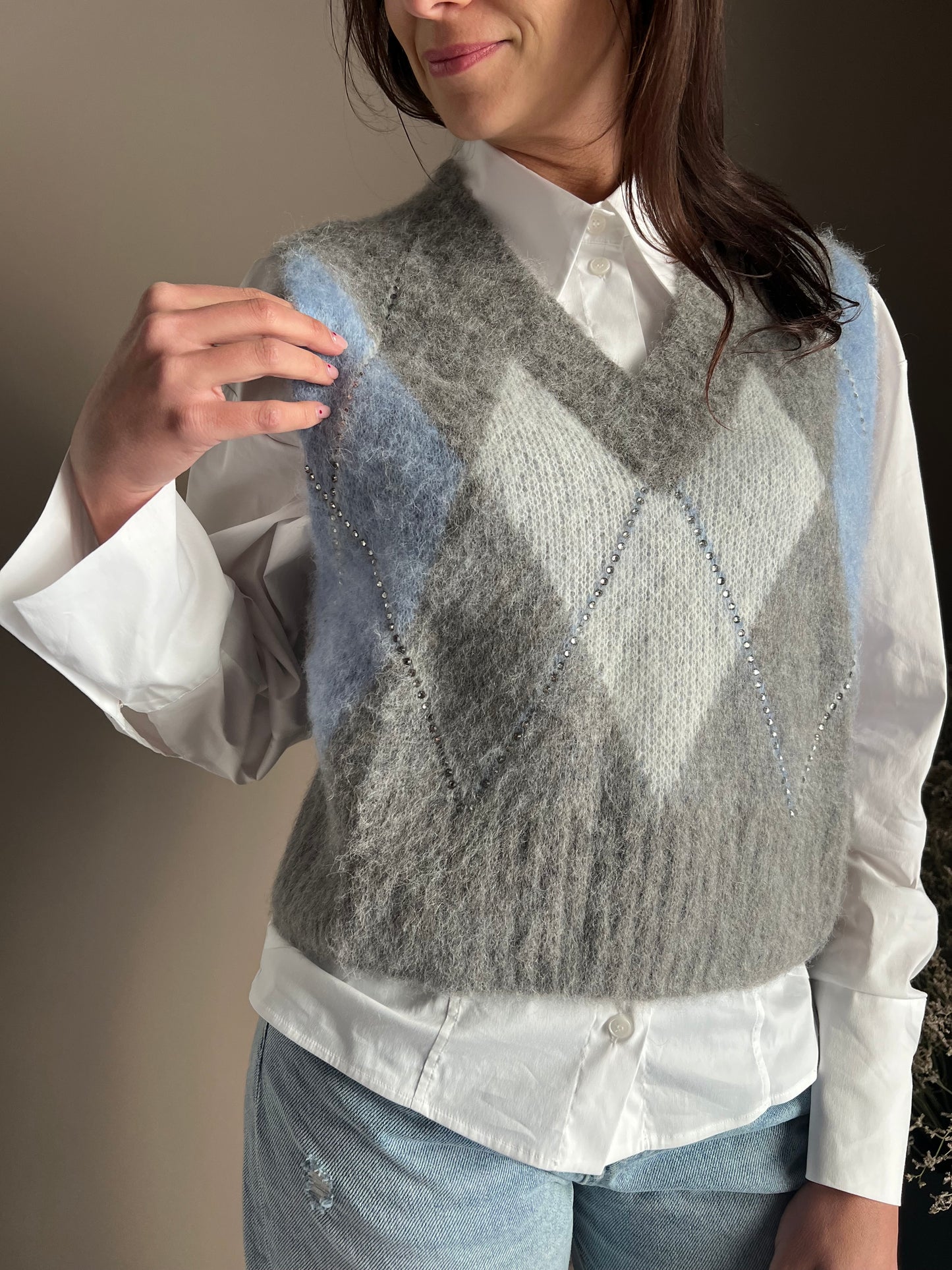 Gilet Oversize in Alpaca e Lana con Motivo Losanghe e Strass