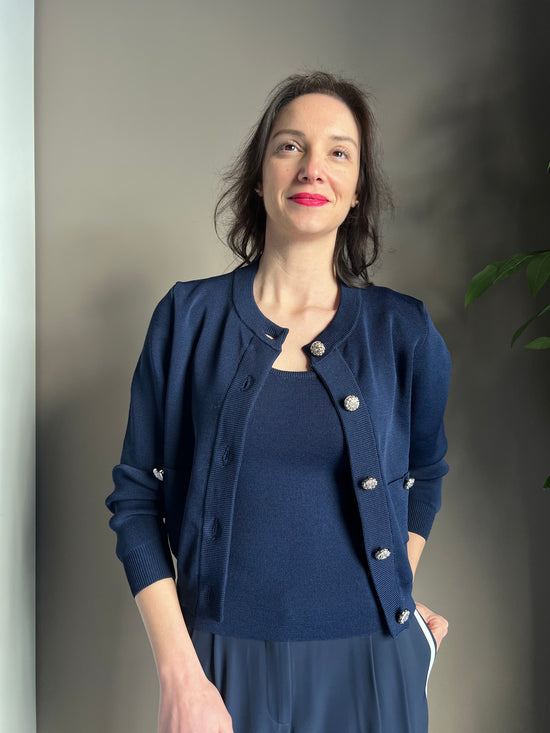 Cardigan in viscosa blu con bottoni dorati
