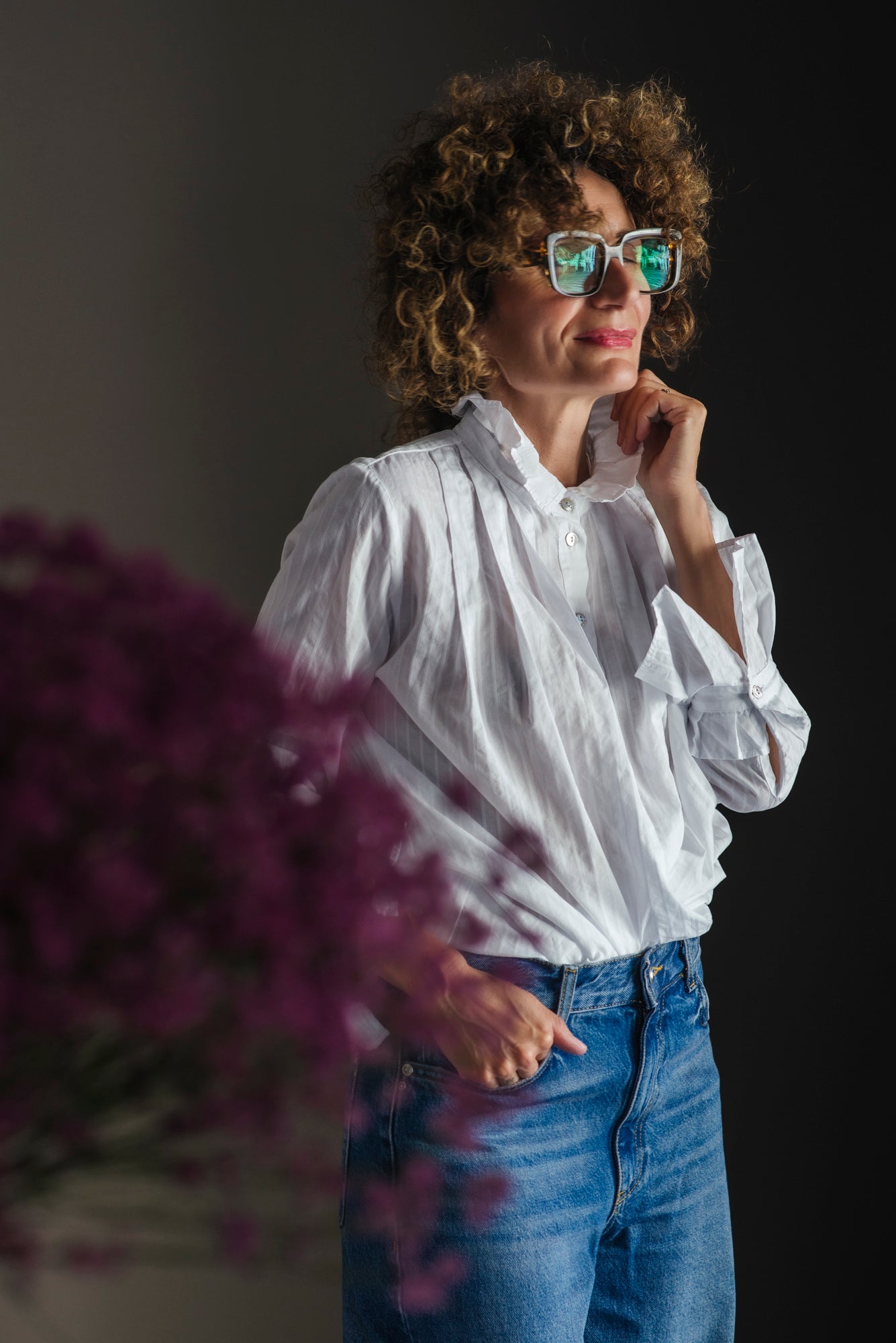 Camicia in cotone svasata con dettagli plisse bianca