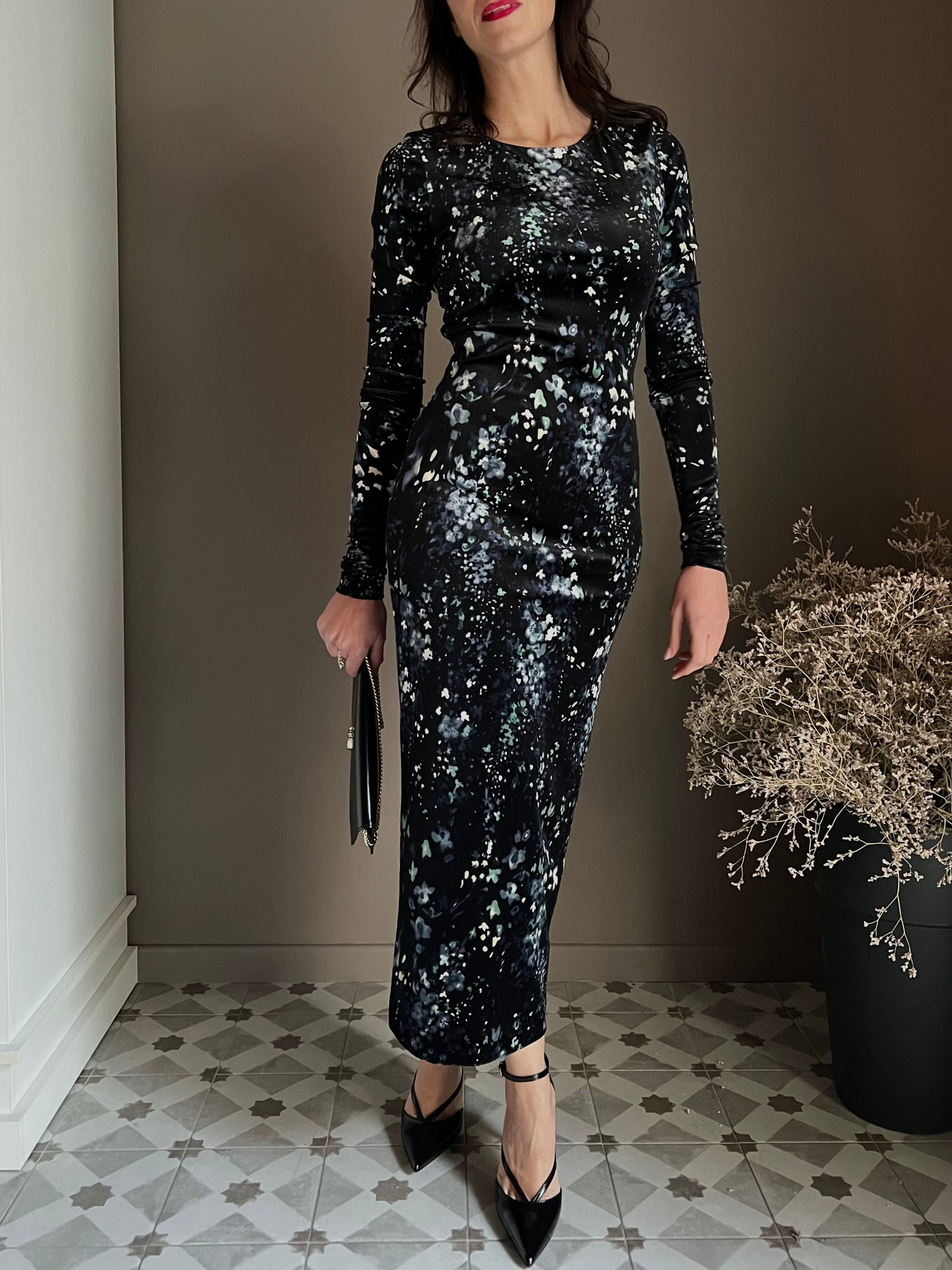 Abito lungo in micro fantasia in velluto