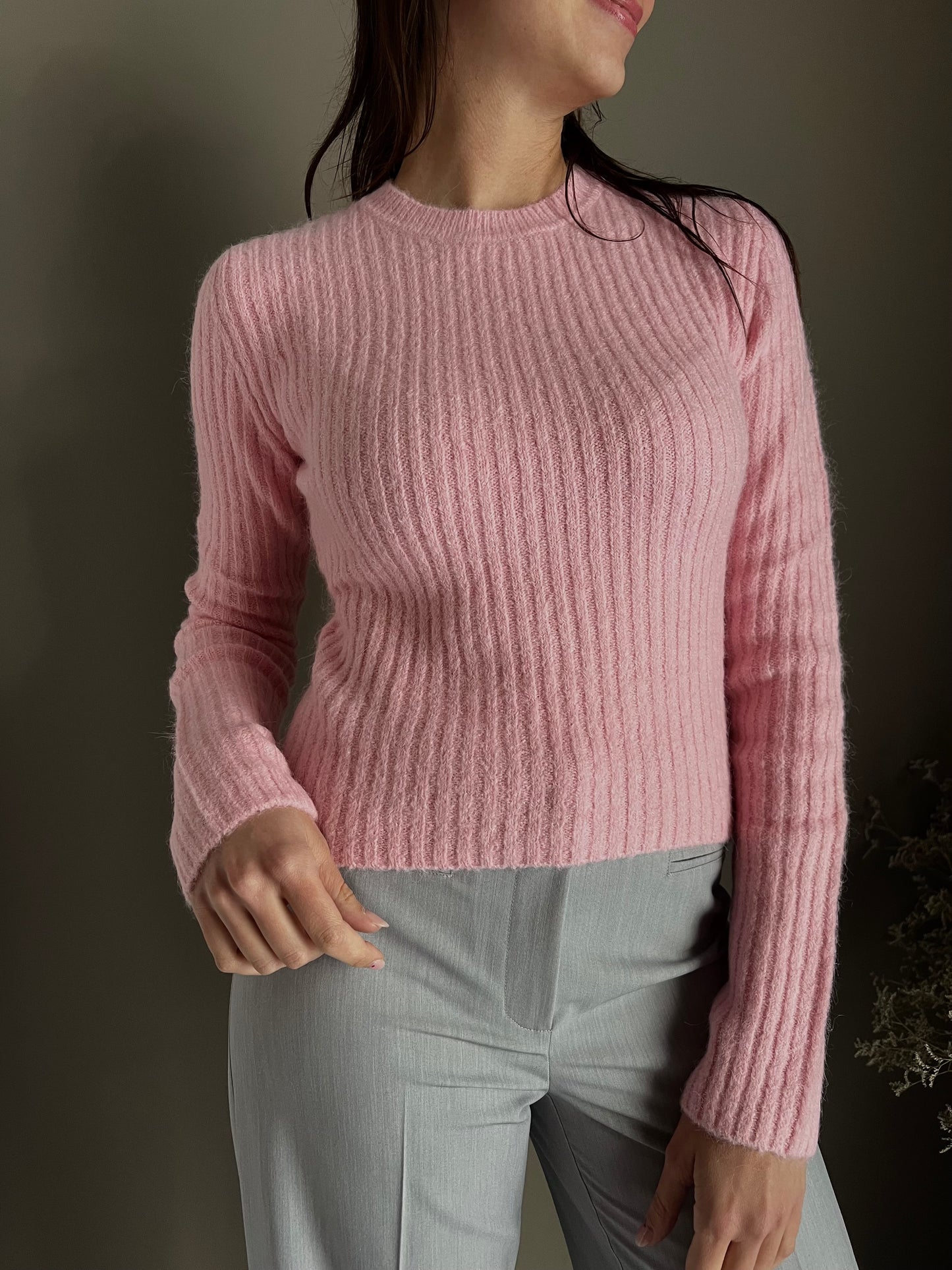 Maglia girocollo slim fit in alpaca Pink