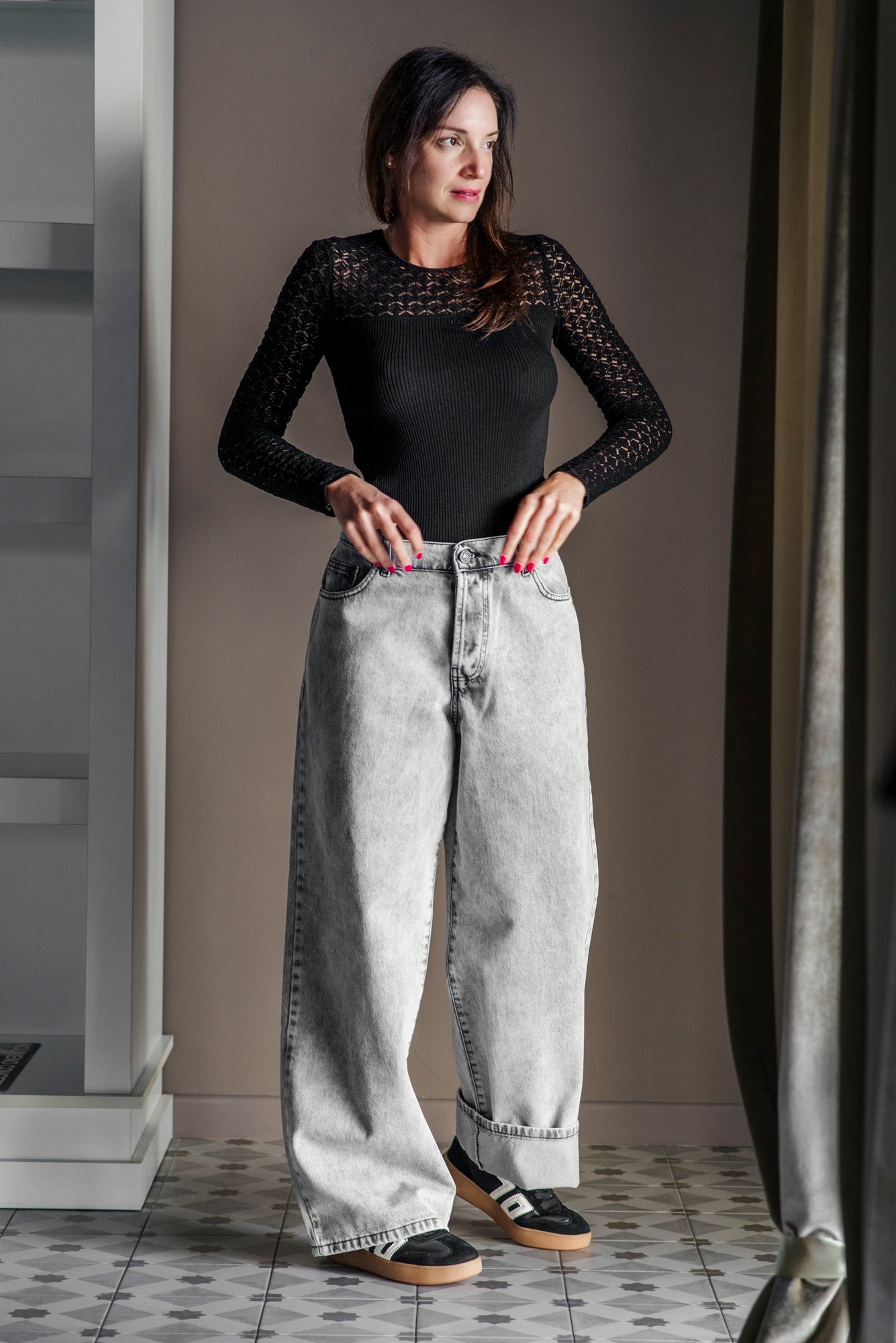 Pantalone denim grigio over