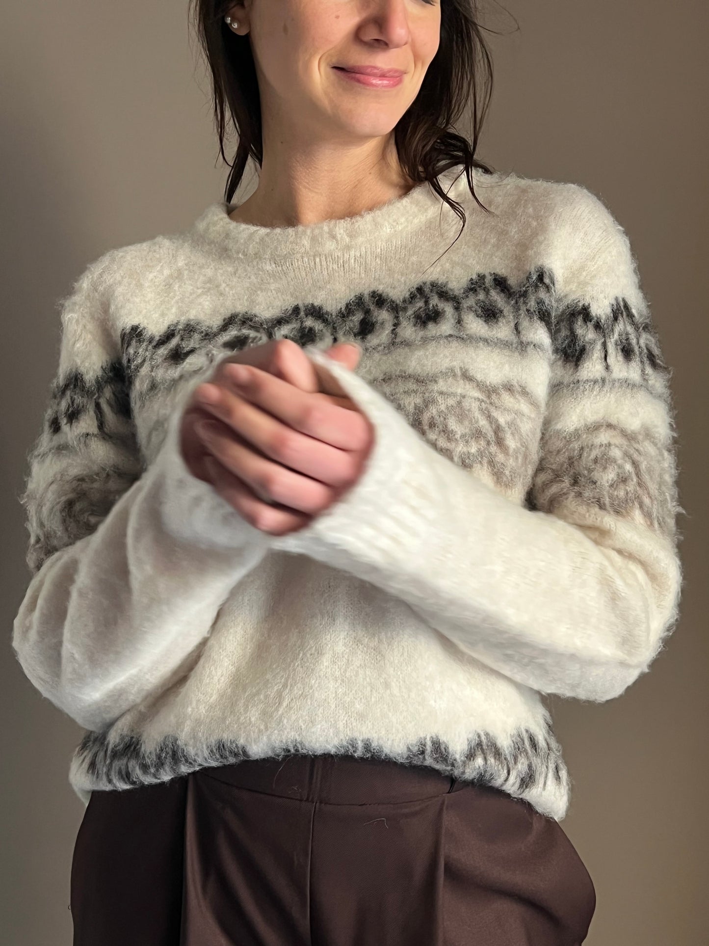 Maglia girocollo motivo Jacquard beige