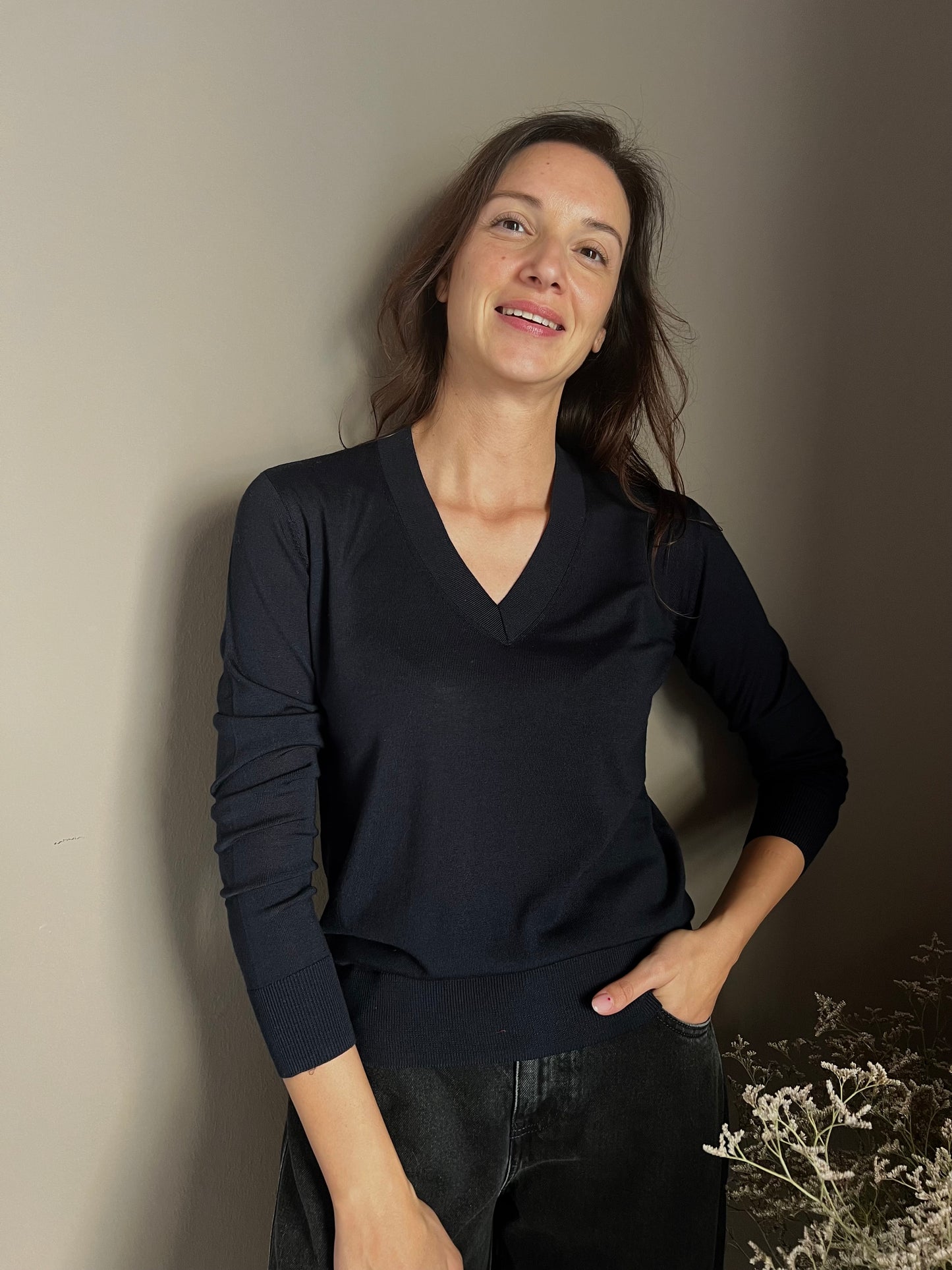 Maglia scollo a V in pura lana Blu