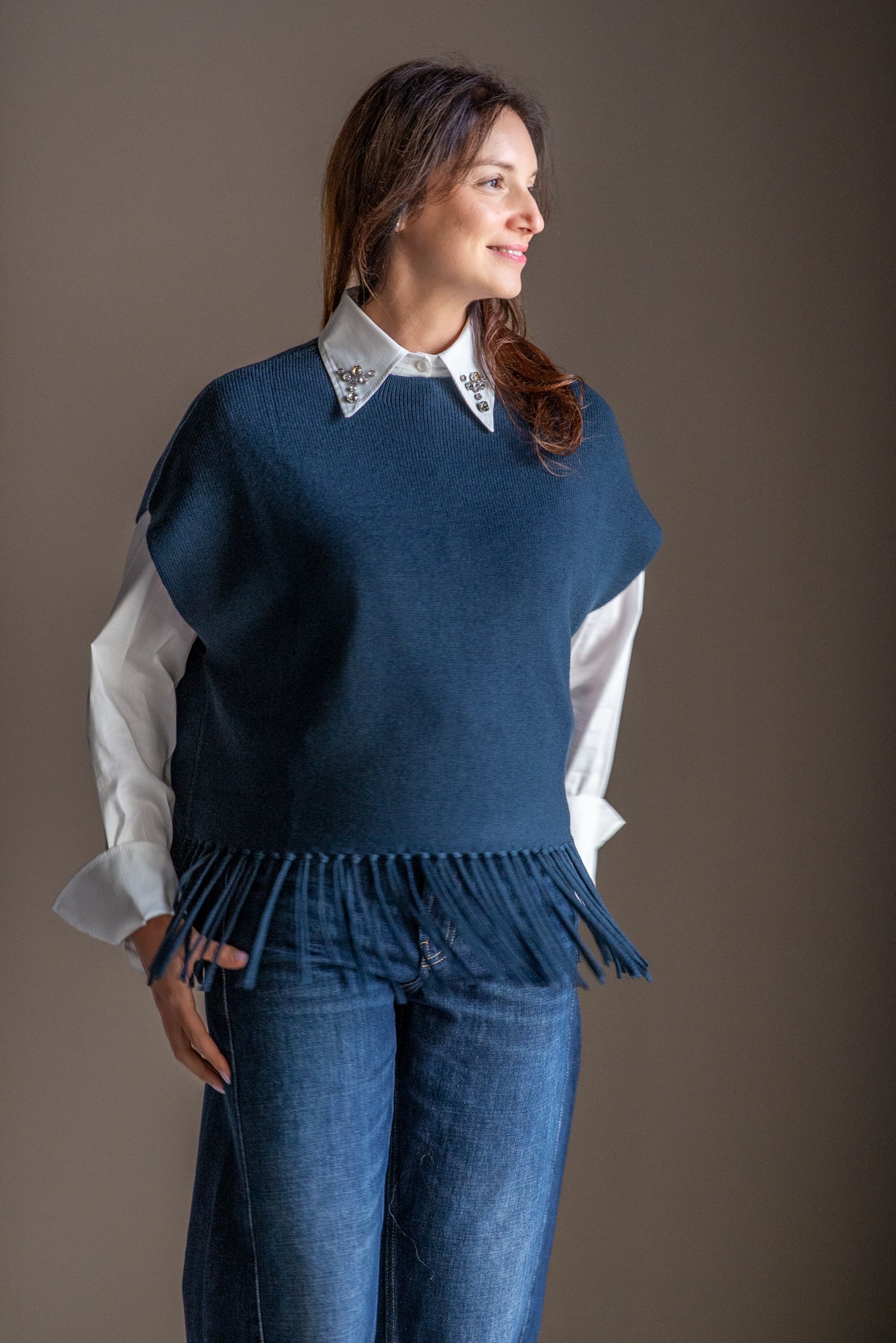 Gilet/Poncho in pura lana blu