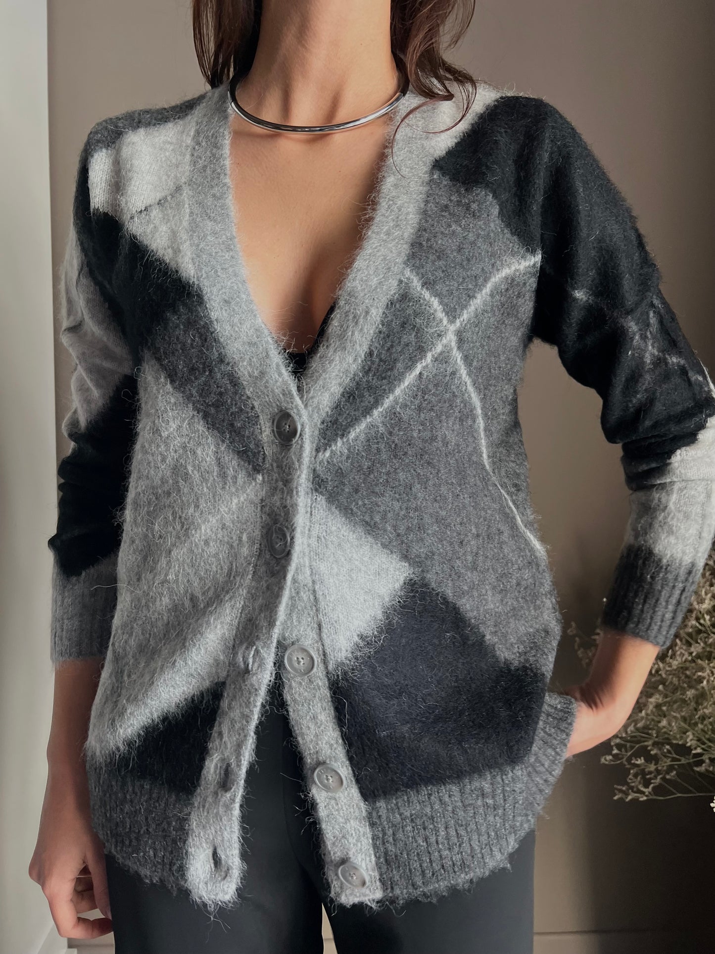 Cardigan losanghe in misto lana e Alpaca