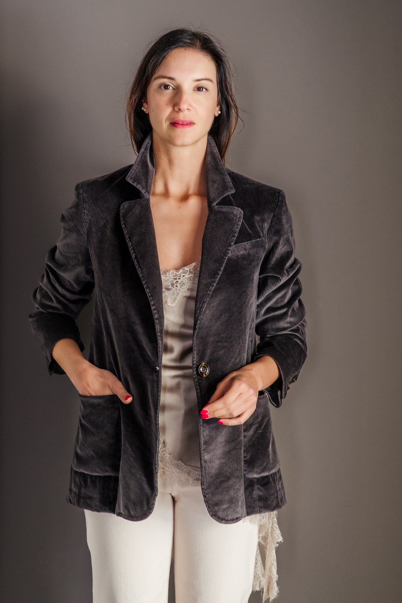 Giacca blazer in velluto rigato-moro