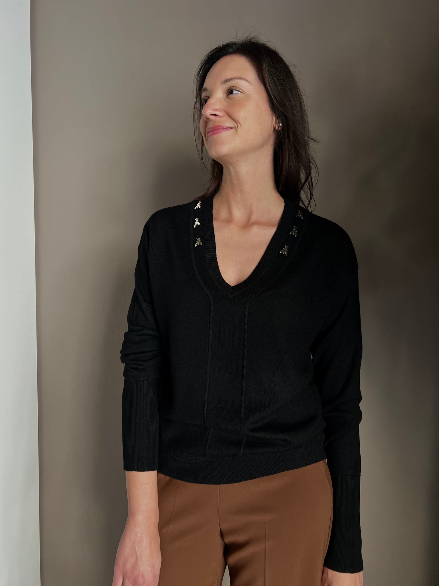 Maglia scollo a V in lana nero