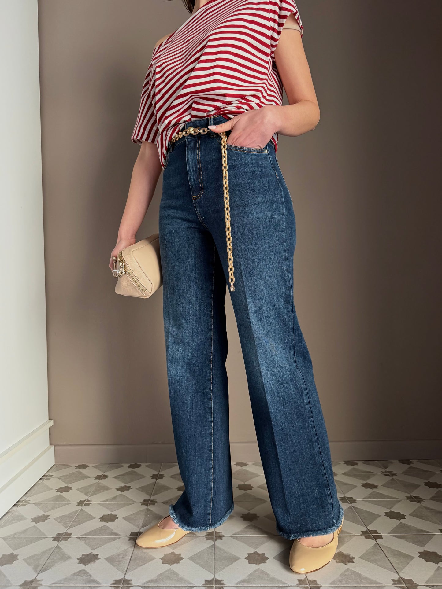 Pantalone denim Wide-Leg con catena