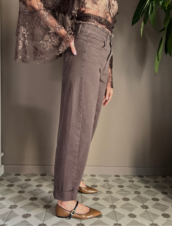 Pantalone denim vita alta forma a caramella