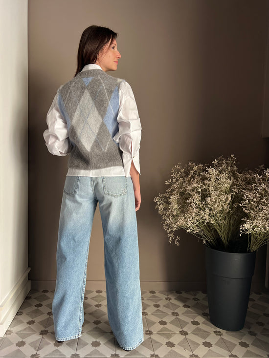 Gilet Oversize in Alpaca e Lana con Motivo Losanghe e Strass
