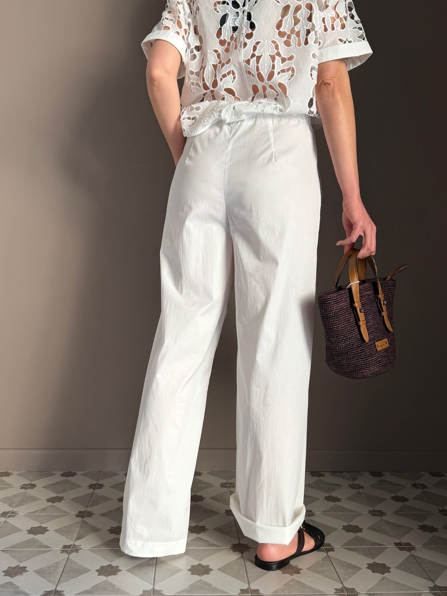 Pantalone in popeline con elastico Bianco