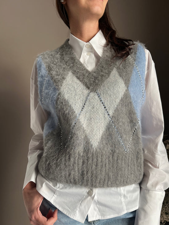 Gilet Oversize in Alpaca e Lana con Motivo Losanghe e Strass