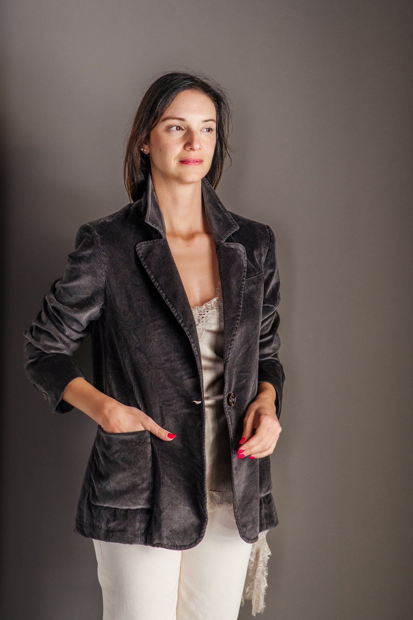 Giacca blazer in velluto rigato-moro