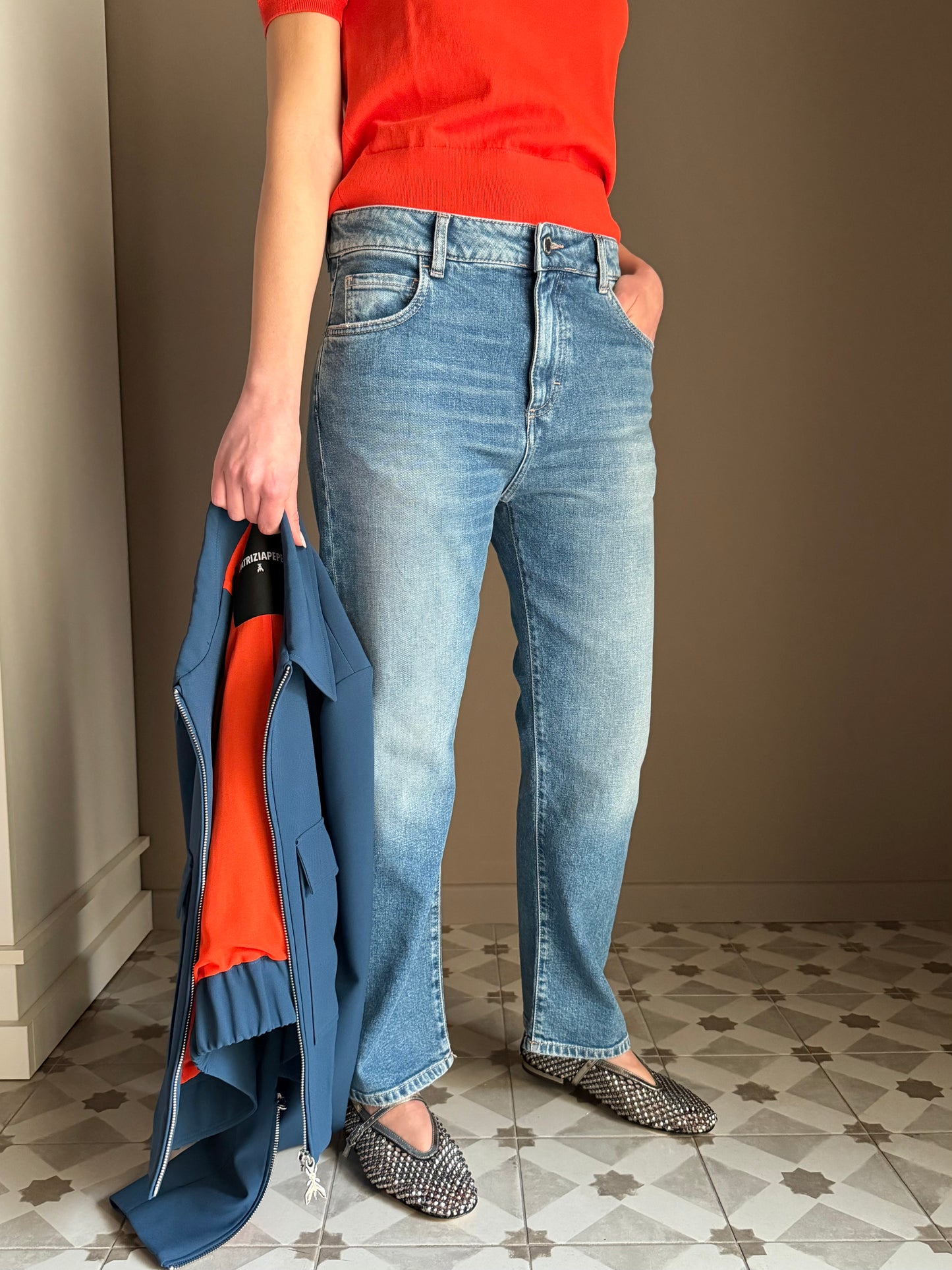 Pantalone denim straight vita bassa