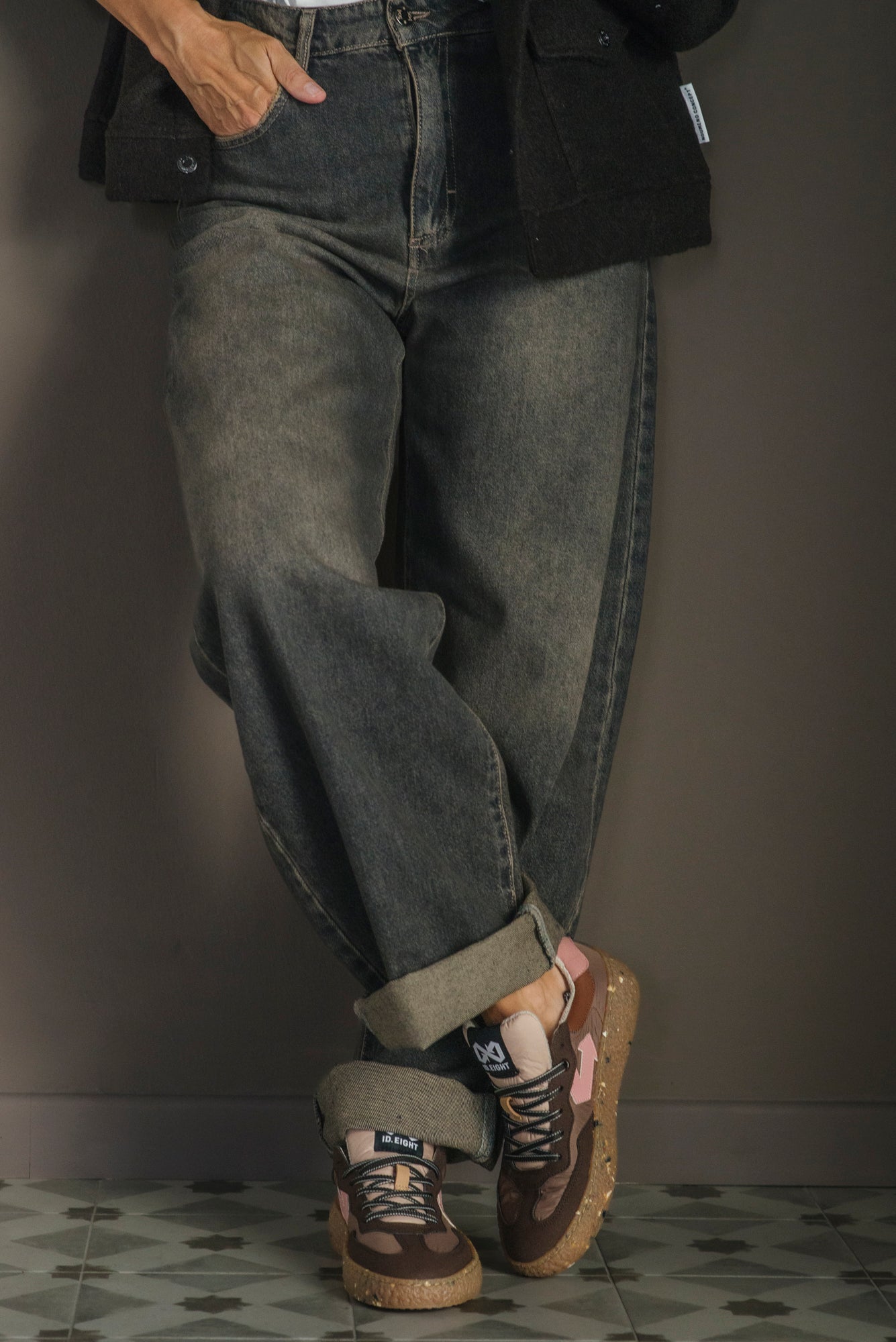 Pantalone denim grigio effetto vintage