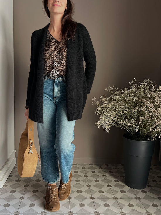 Cardigan nero in misto alpaca e lana