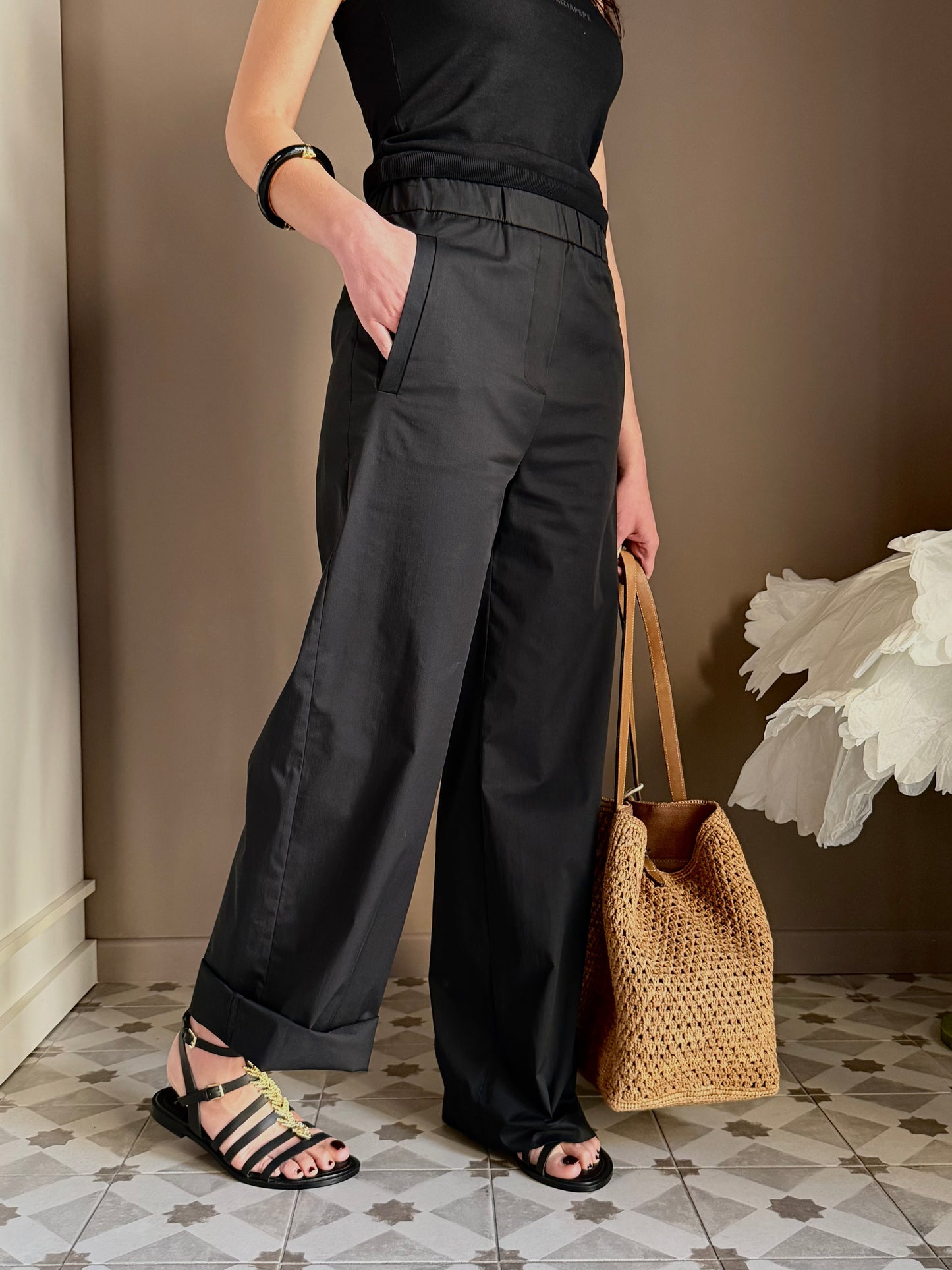 Pantalone in popeline con elastico Nero