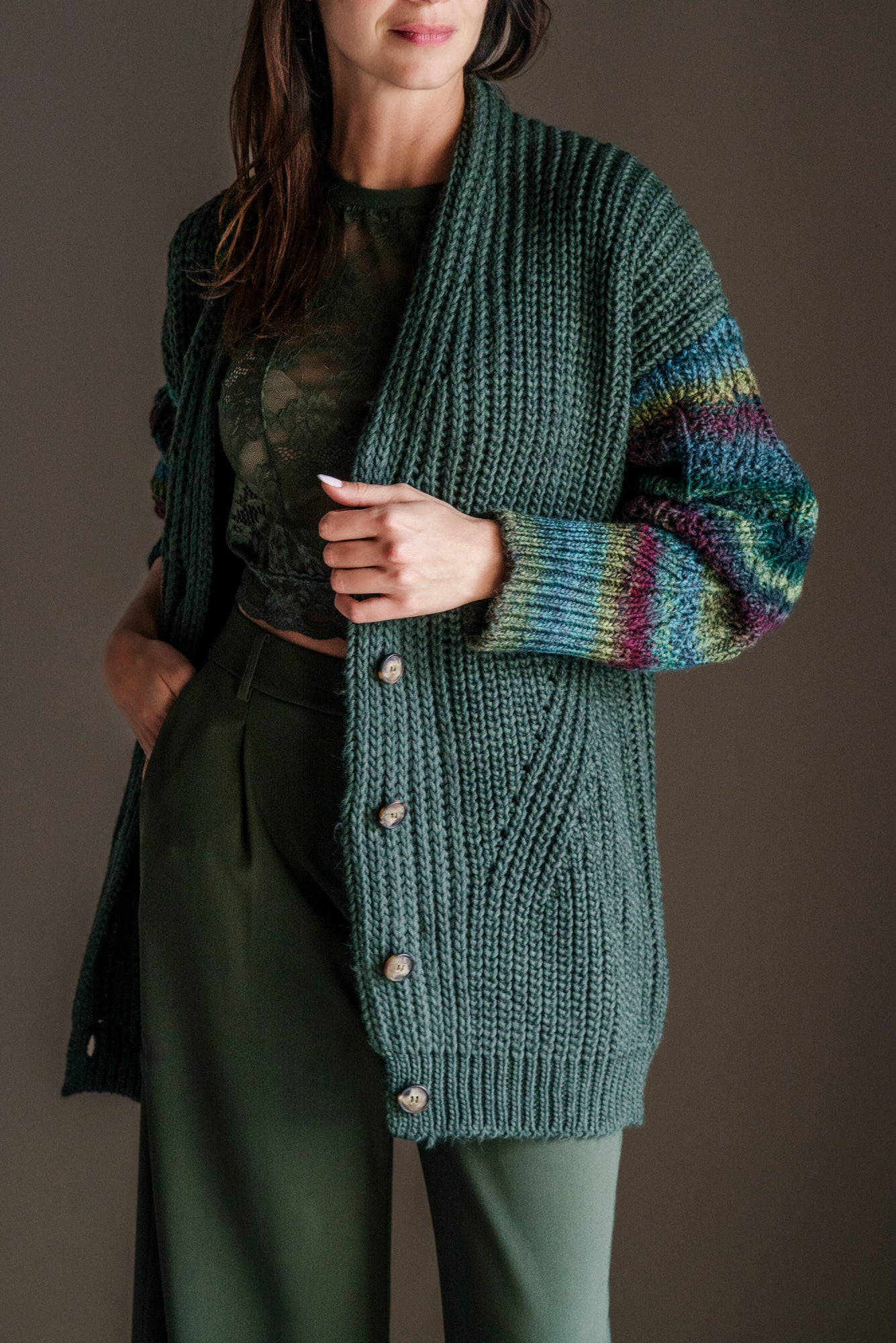 Cardigan oversize misto lana verde militare