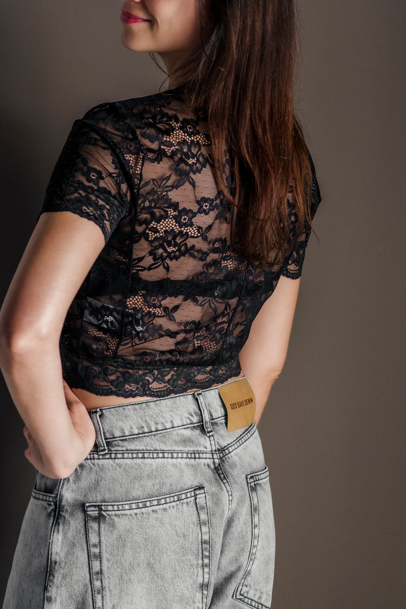 Top in pizzo floreale Nero