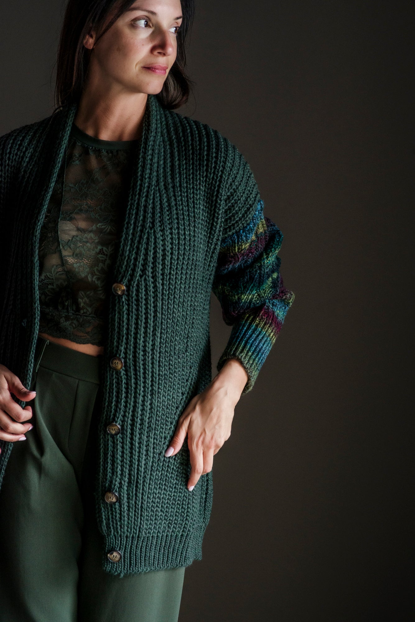 Cardigan oversize misto lana verde militare