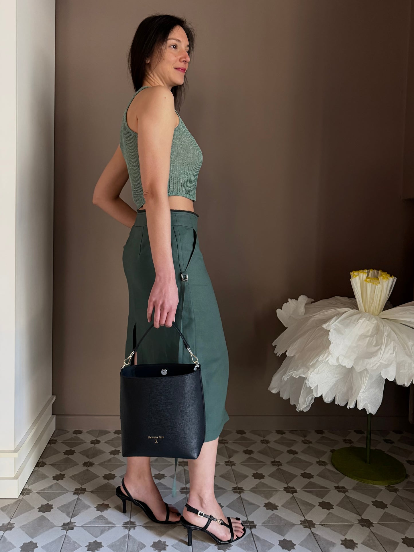 Gonna Midi Patrizia Pepe in Lino e Viscosa – Verde Salvia