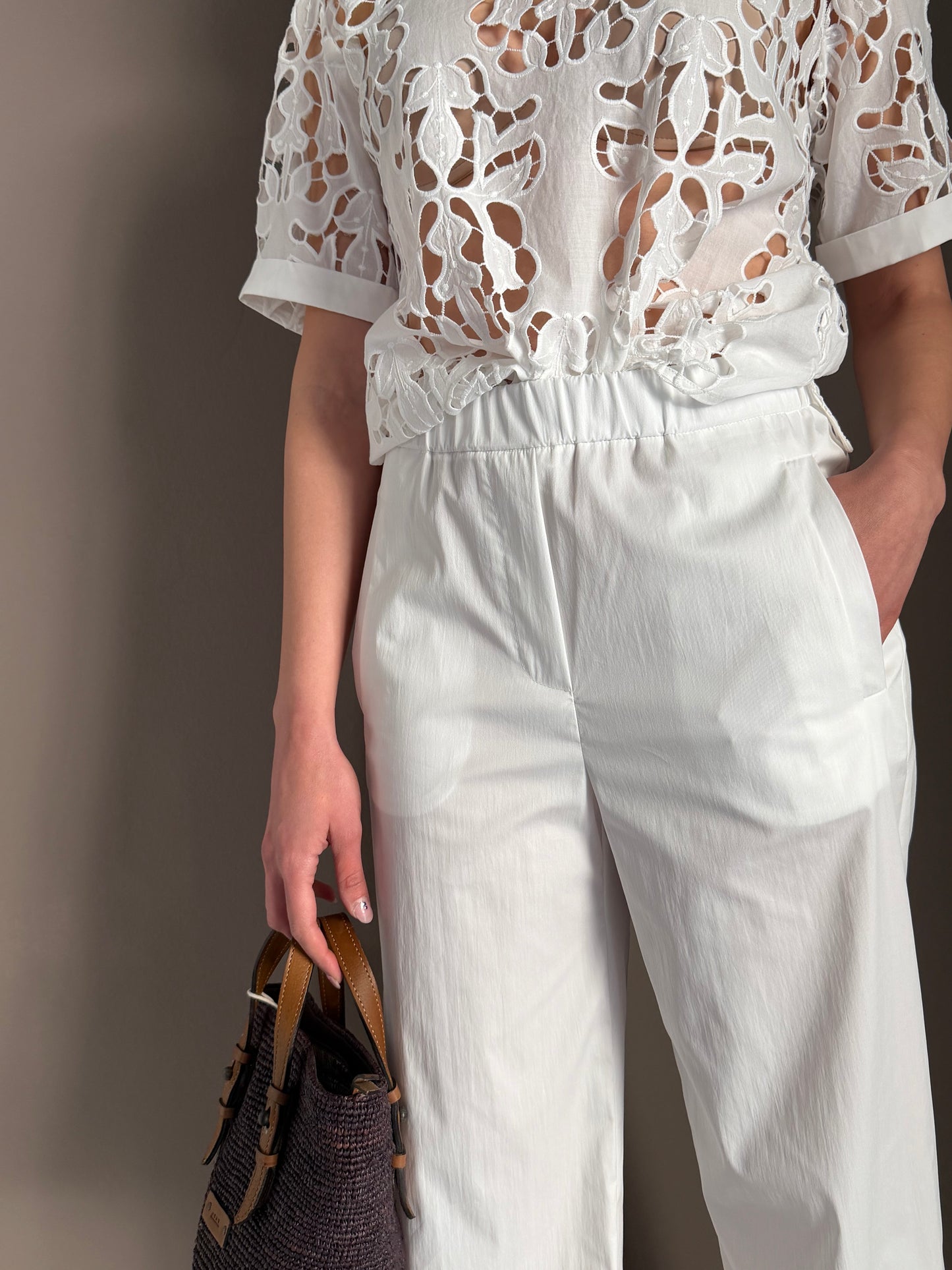Pantalone in popeline con elastico Bianco