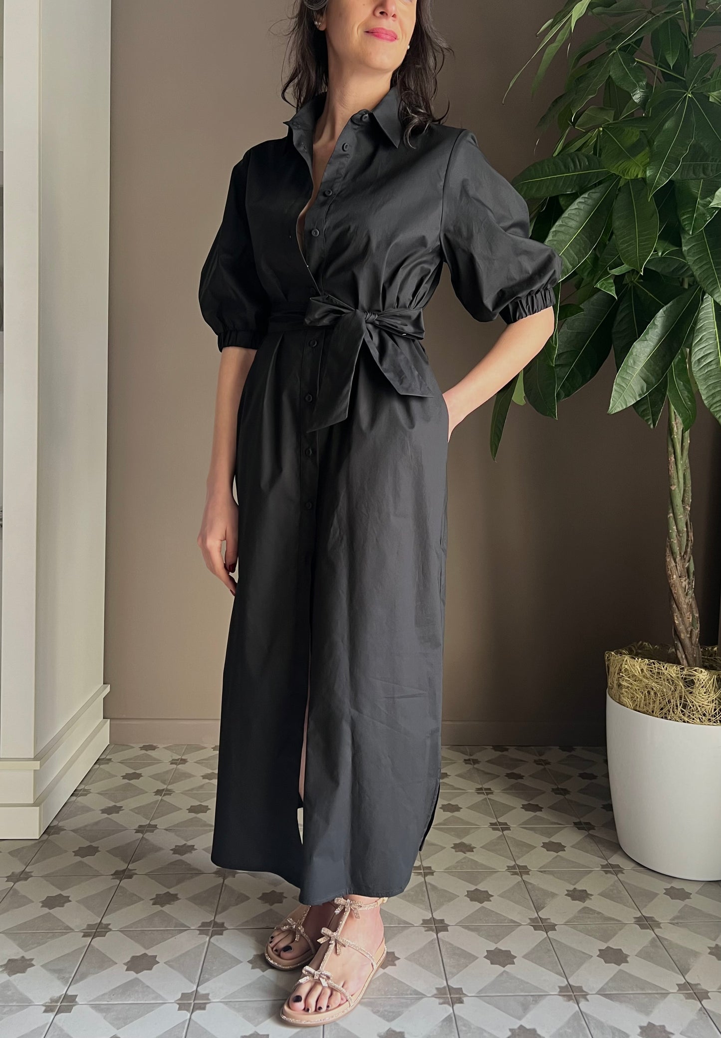 Abito chemisier in cotone nero