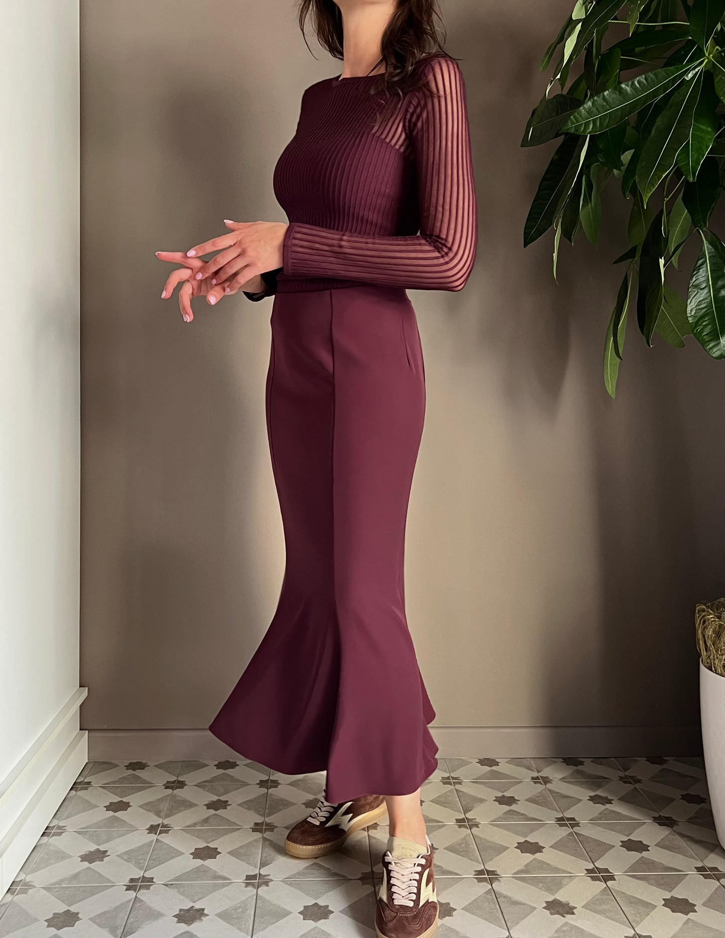 Gonna longuette in crepe purple red