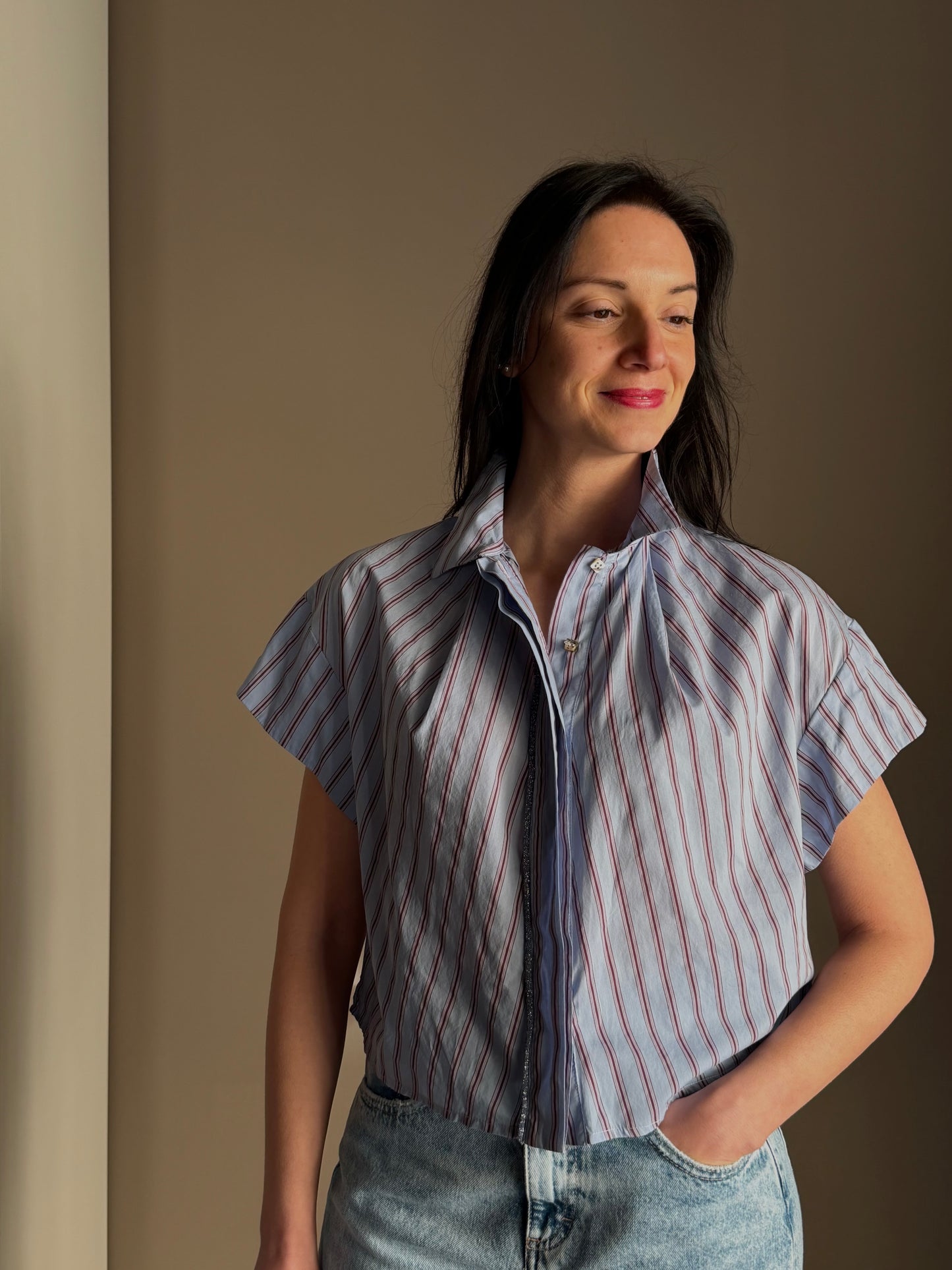 Camicia in Cotone a Righe con Dettaglio Lamé