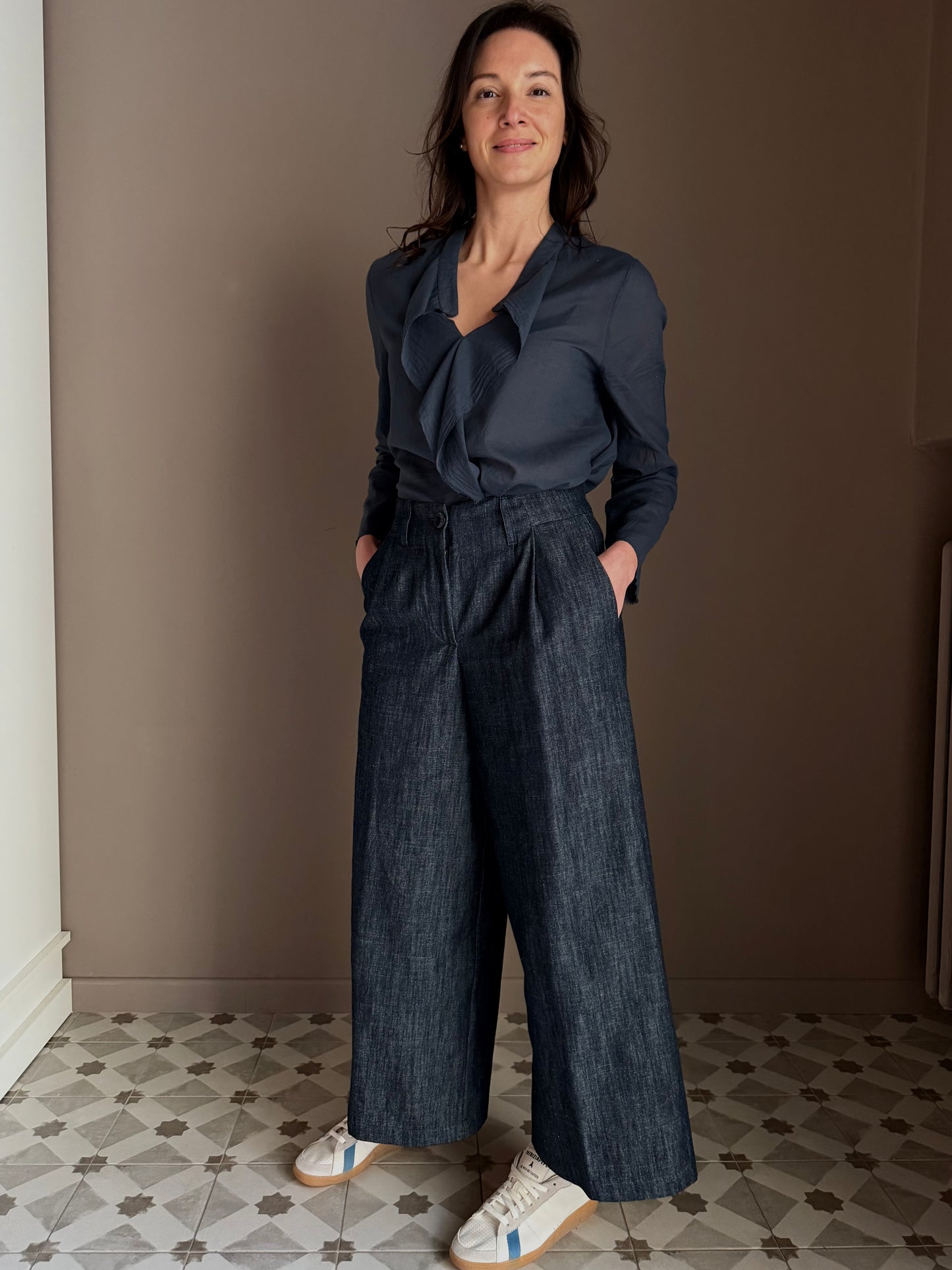 Blusa in cotone garzato con rouches