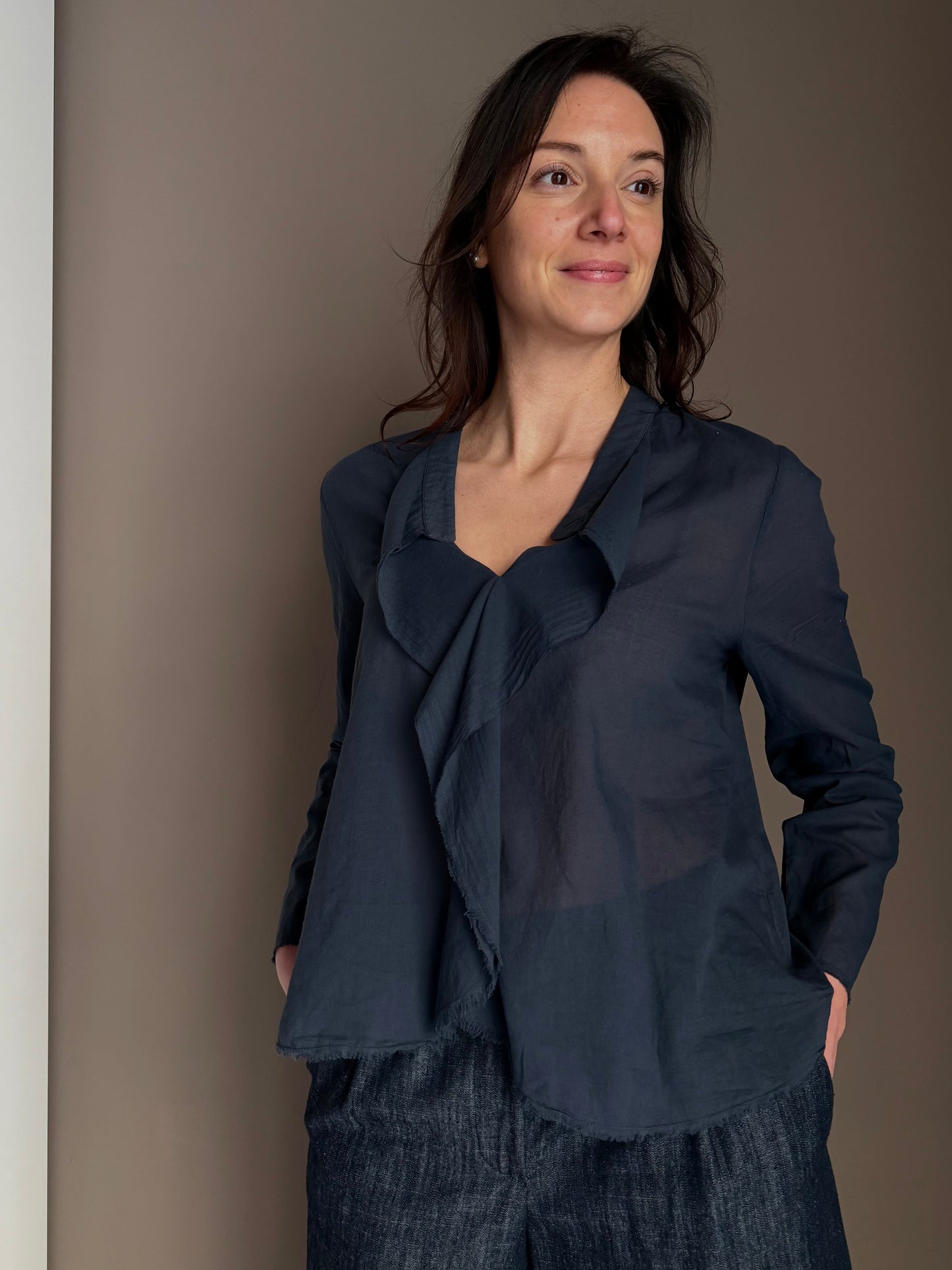 Blusa in cotone garzato con rouches