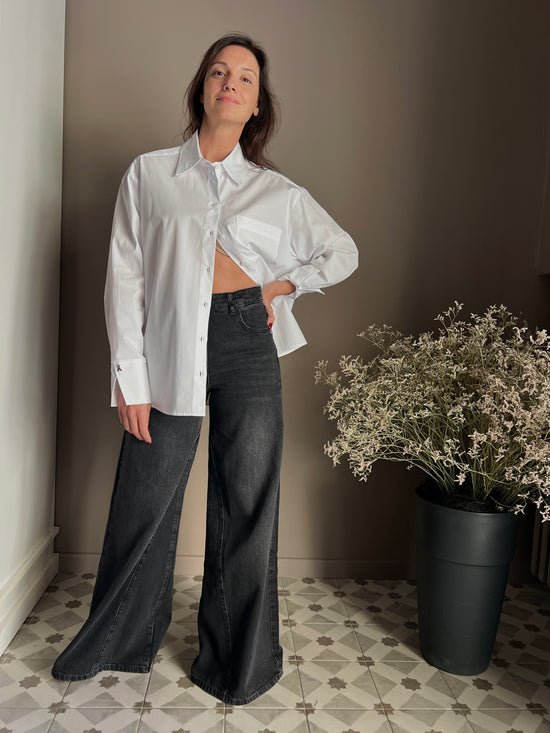 Pantalone denim vita alta gamba larga nero