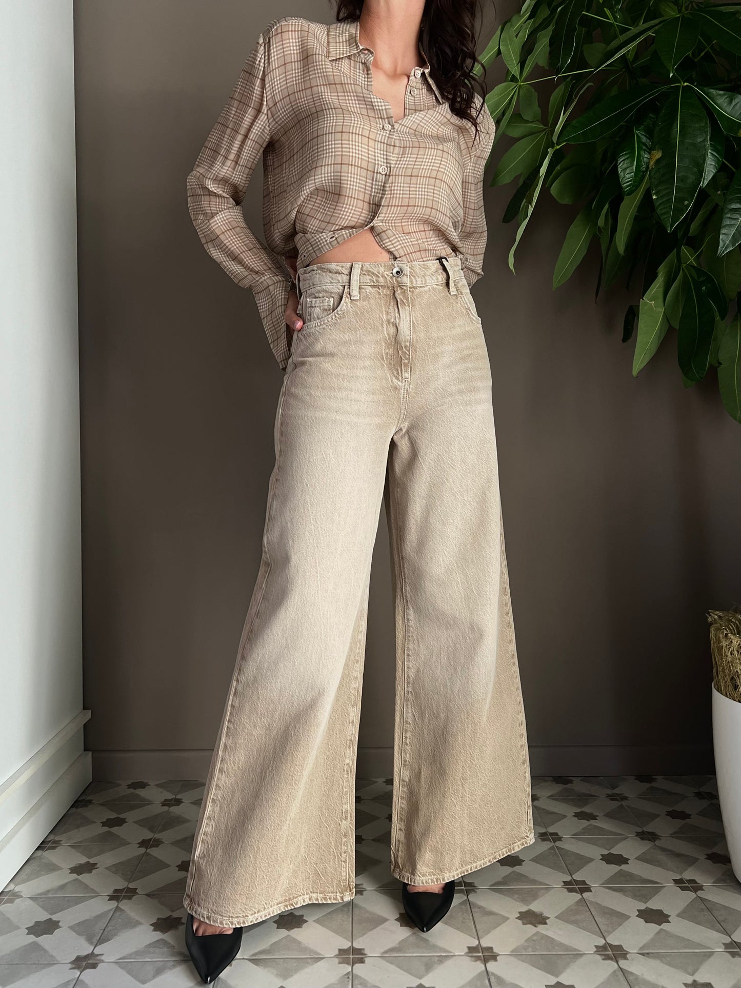 Pantalone Denim a gamba larga beige