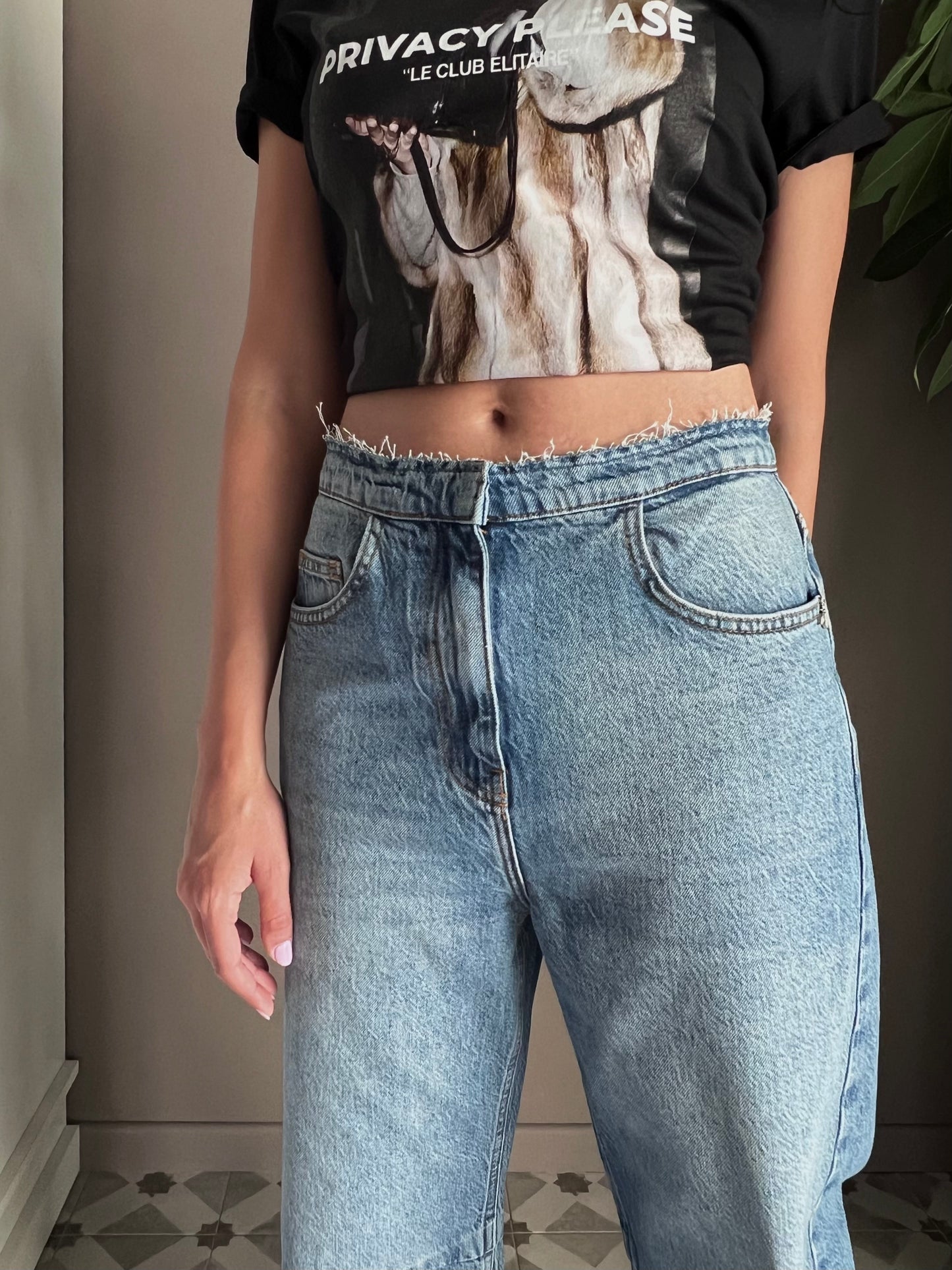 Pantalone denim vita bassa a baloon