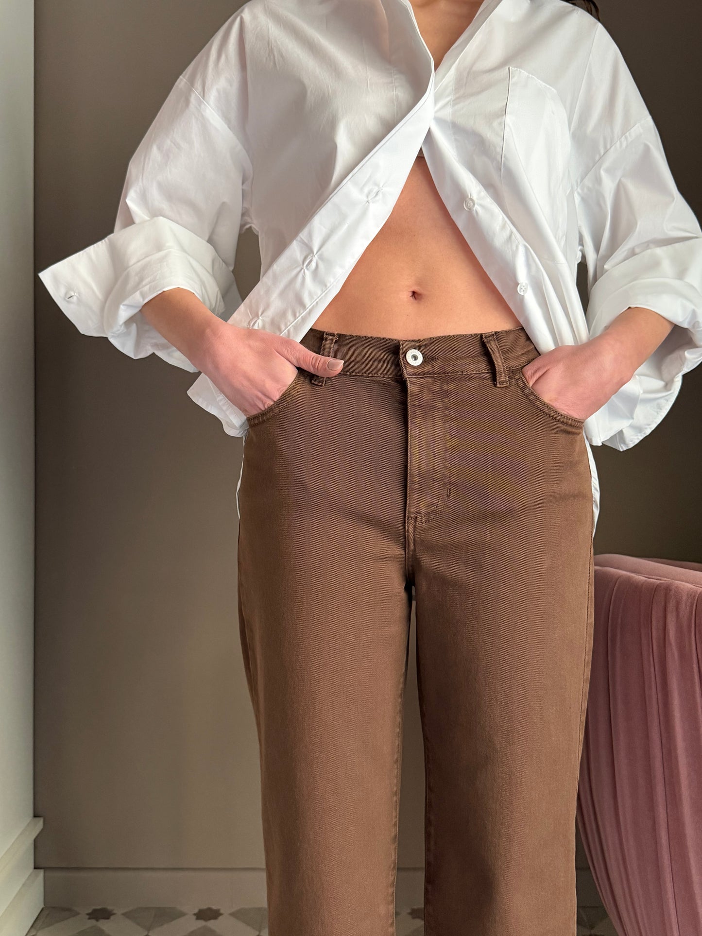 Pantalone straight in drill di cotone
