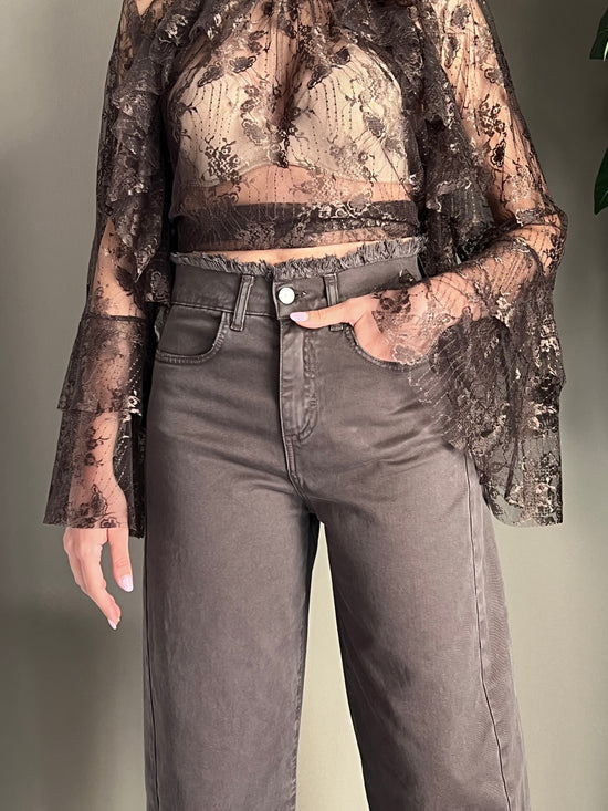 Pantalone denim vita alta forma a caramella