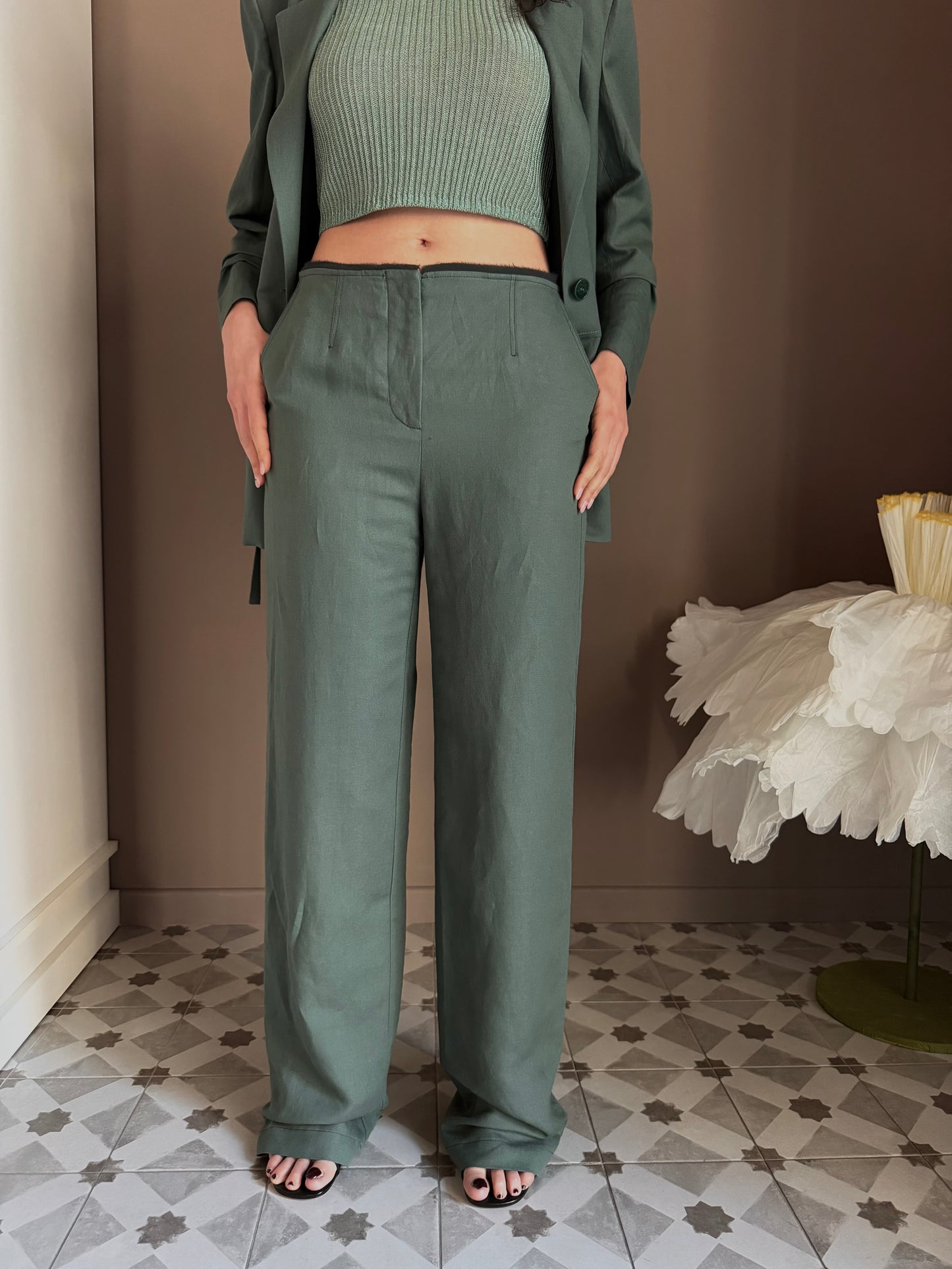 Pantalone Wide Leg in Lino e Viscosa – Verde Salvia
