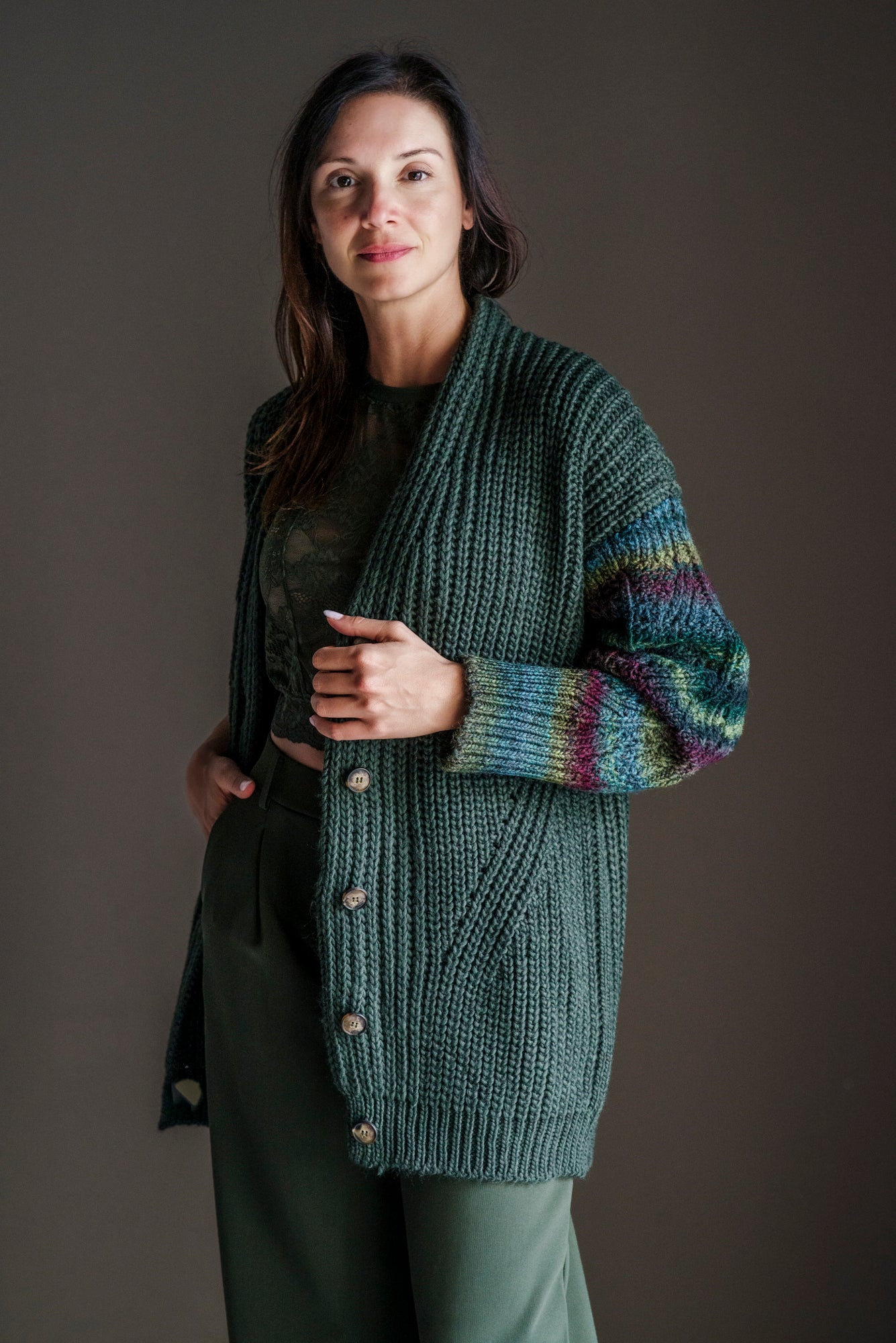 Cardigan oversize misto lana verde militare